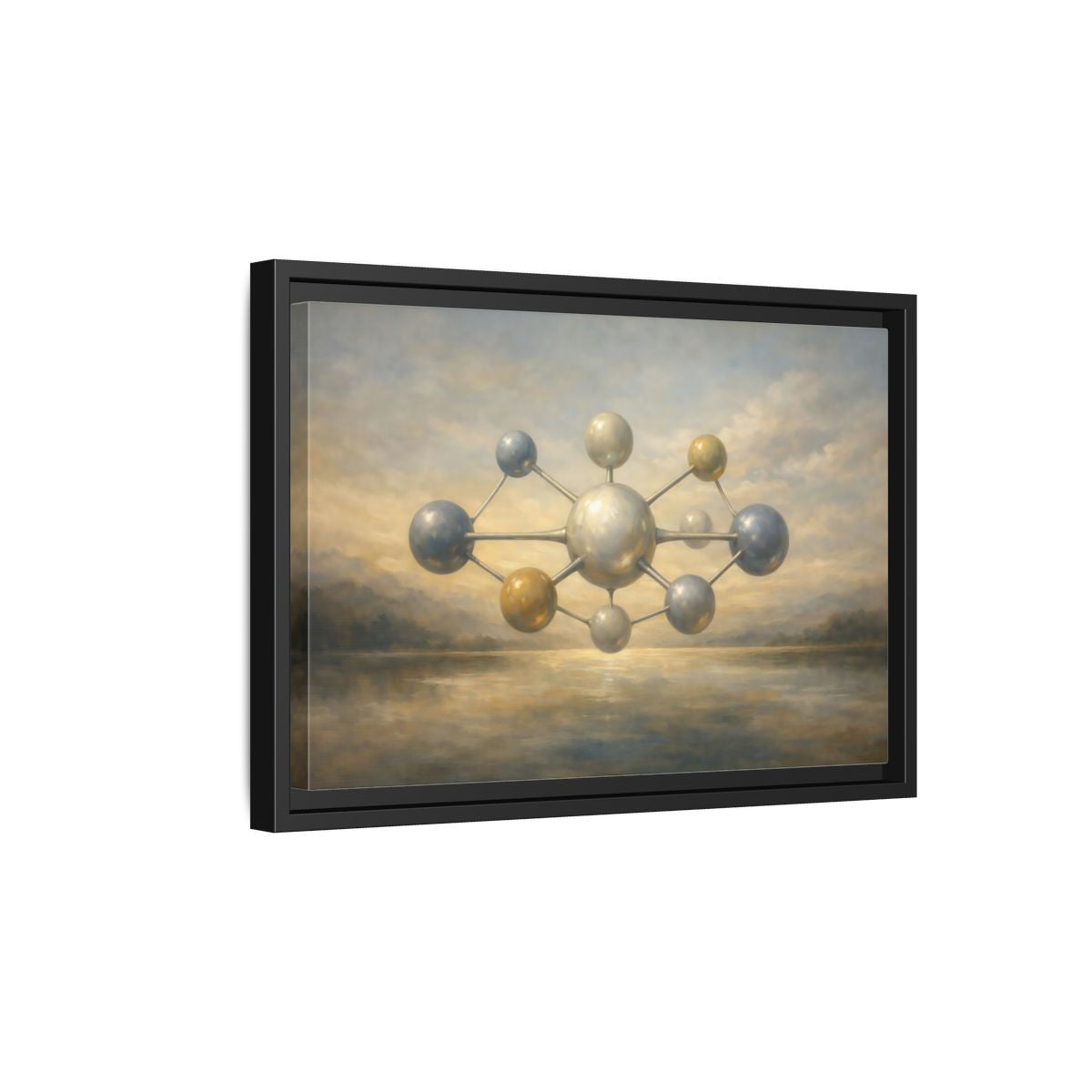Side Mockup 6. Abstract Molecular Structure Golden Grey Molecule shown as stretched canvas wall art