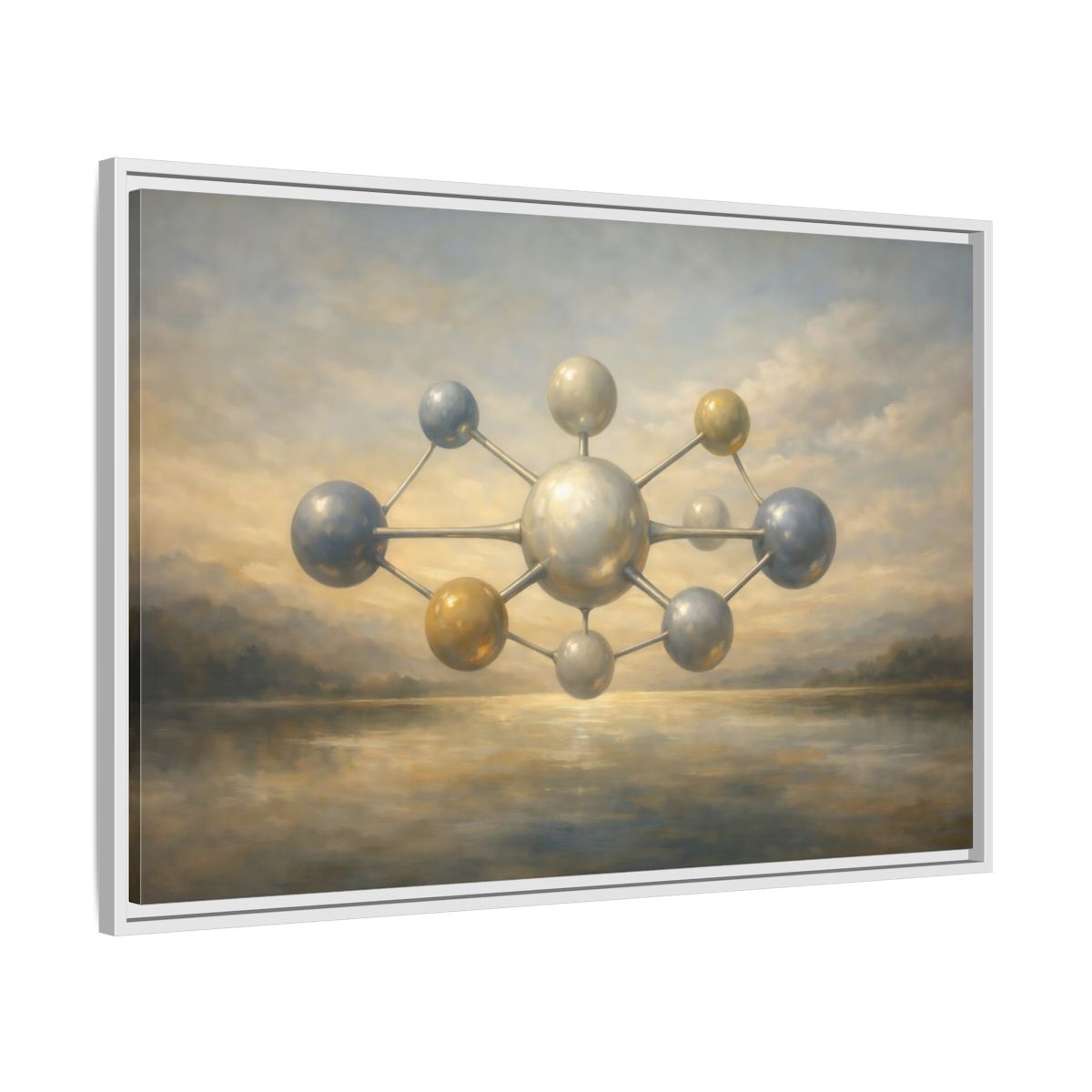 Side Mockup 8. Abstract Molecular Structure Golden Grey Molecule shown as stretched canvas wall art