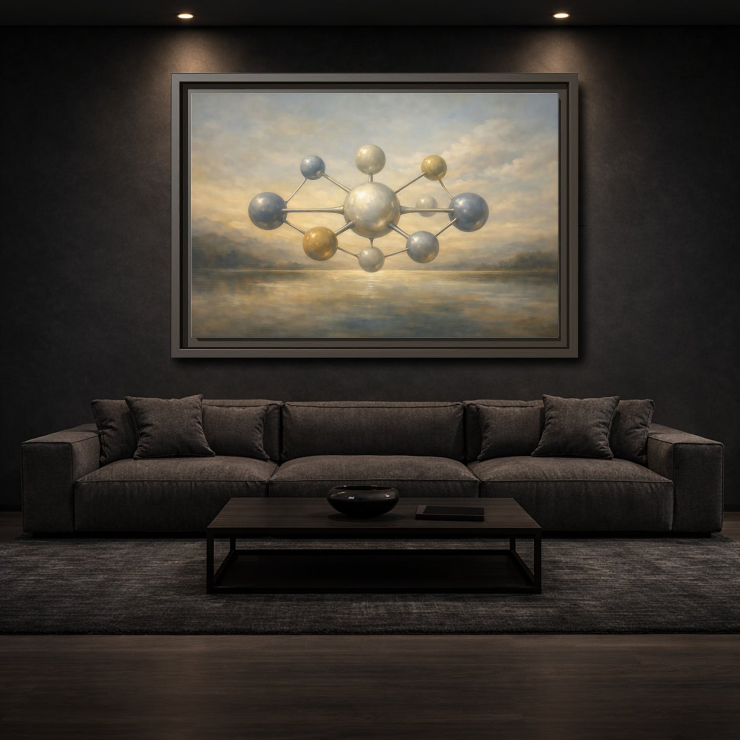 Mockup 2. Abstract Molecular Structure Golden Grey Molecule shown as stretched canvas wall art