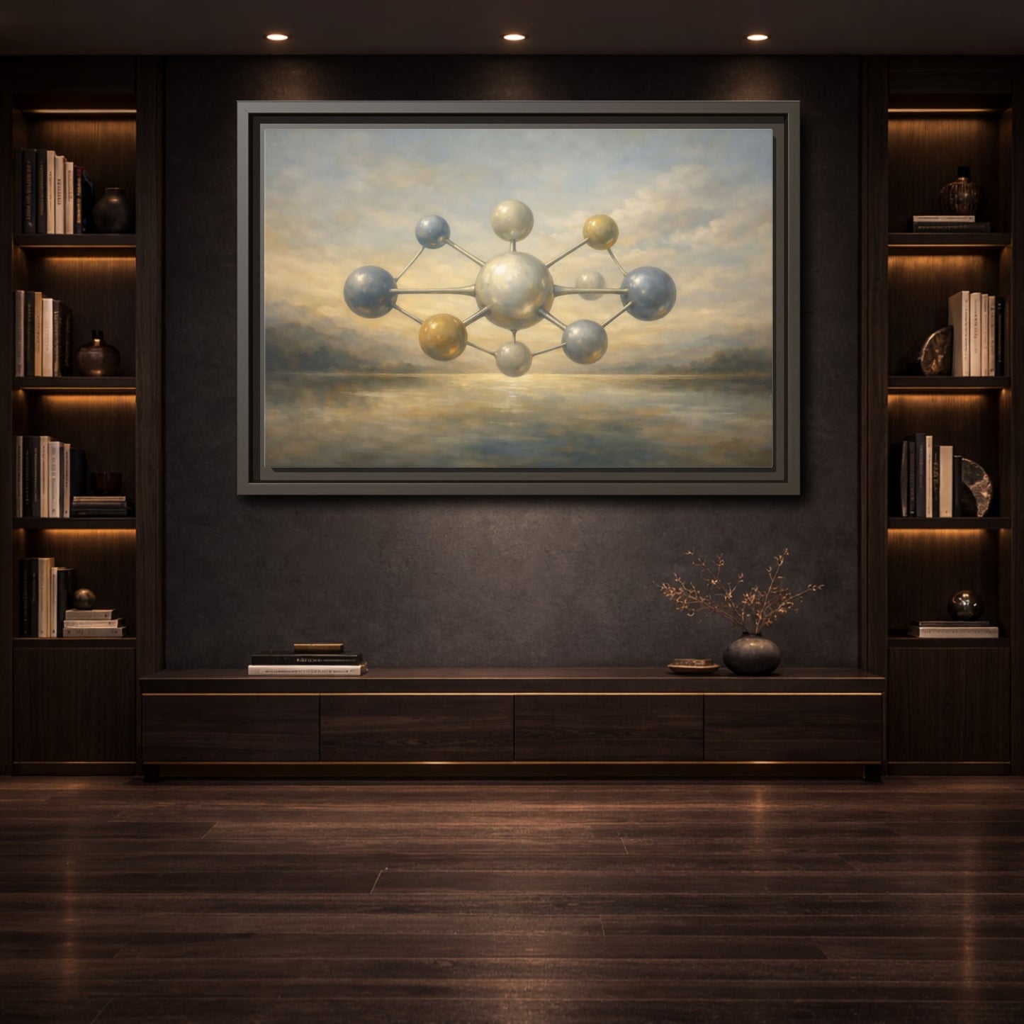 Mockup 3. Abstract Molecular Structure Golden Grey Molecule shown as stretched canvas wall art