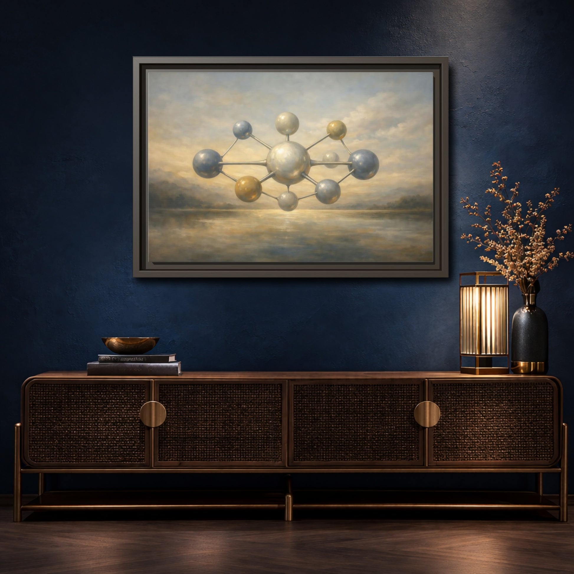 Mockup 4. Abstract Molecular Structure Golden Grey Molecule shown as stretched canvas wall art