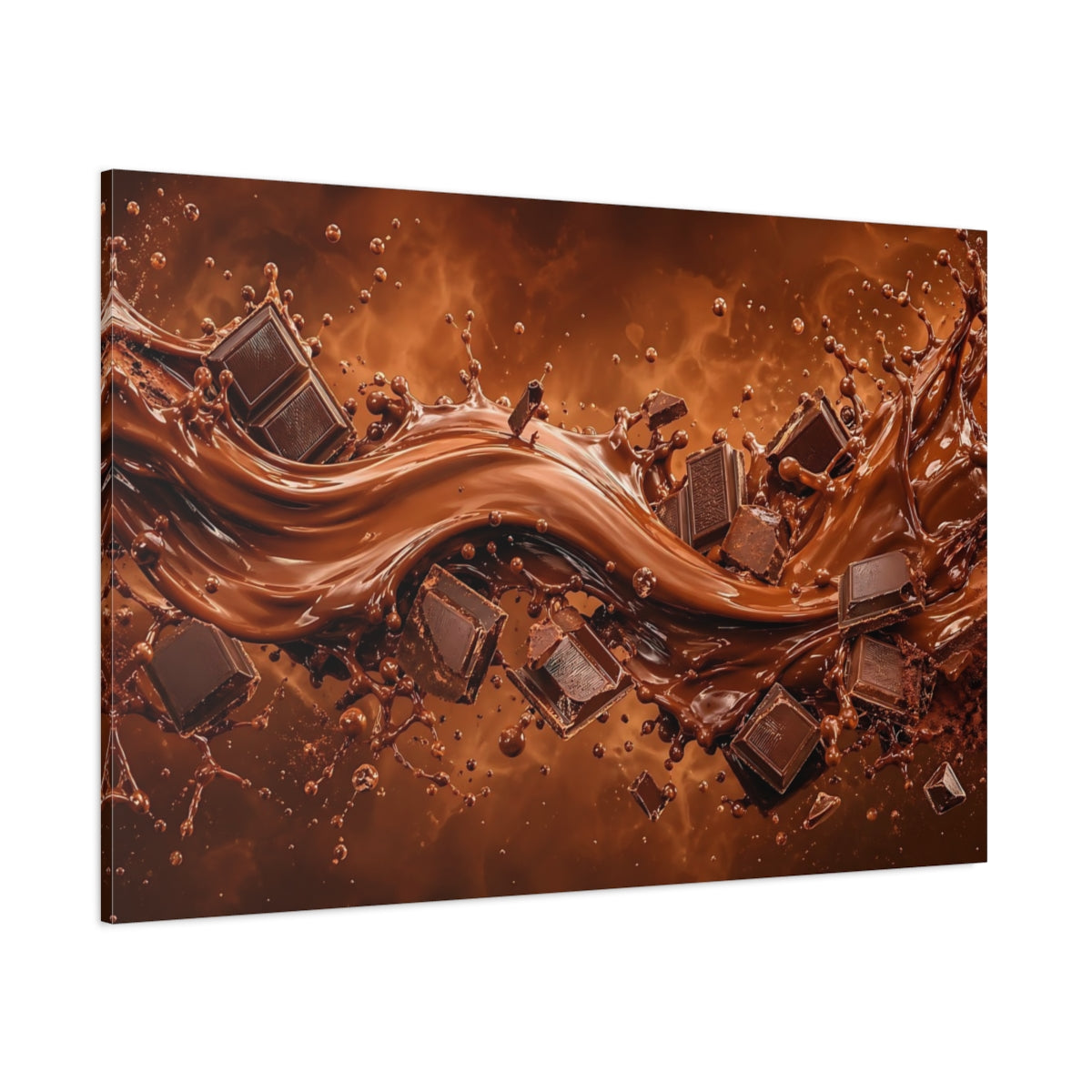 Side Mockup 1. Abstract Molten Chocolate Chocolate Brown shown as stretched canvas wall art