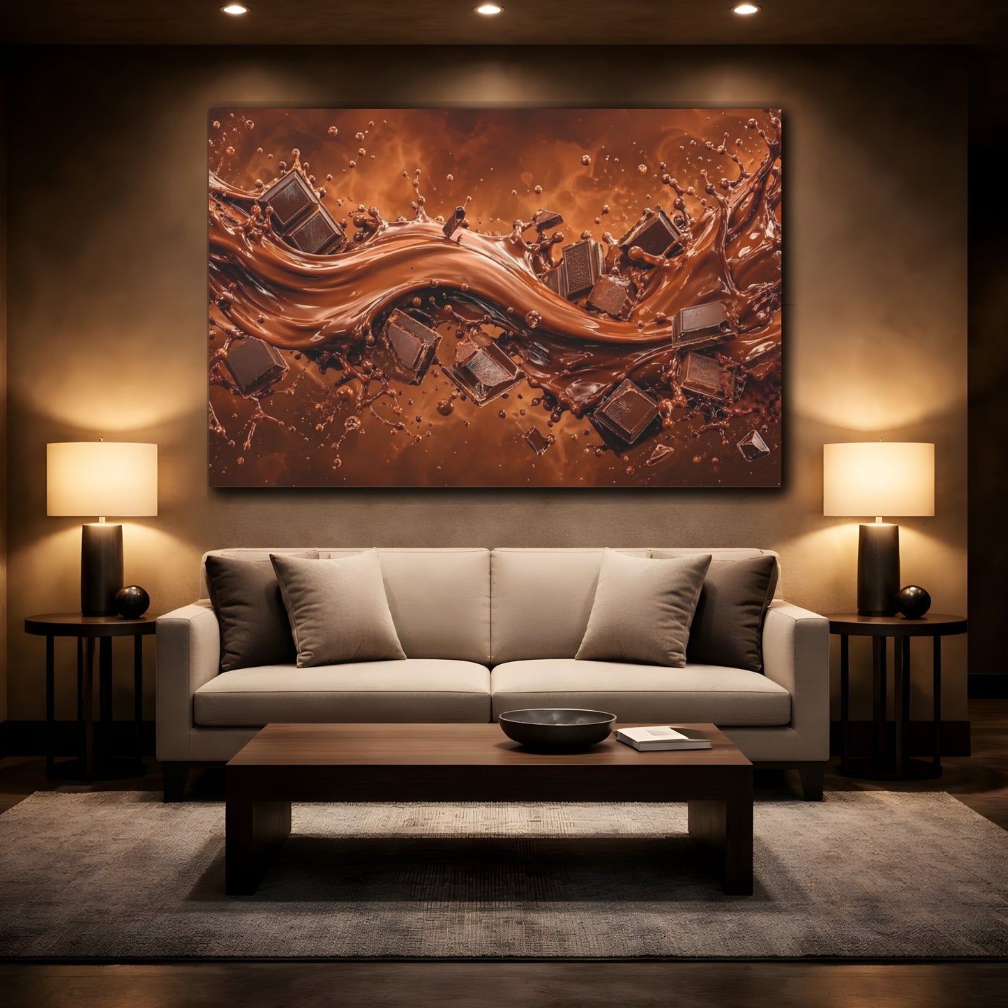 Mockup 2. Abstract Molten Chocolate Chocolate Brown shown as stretched canvas wall art