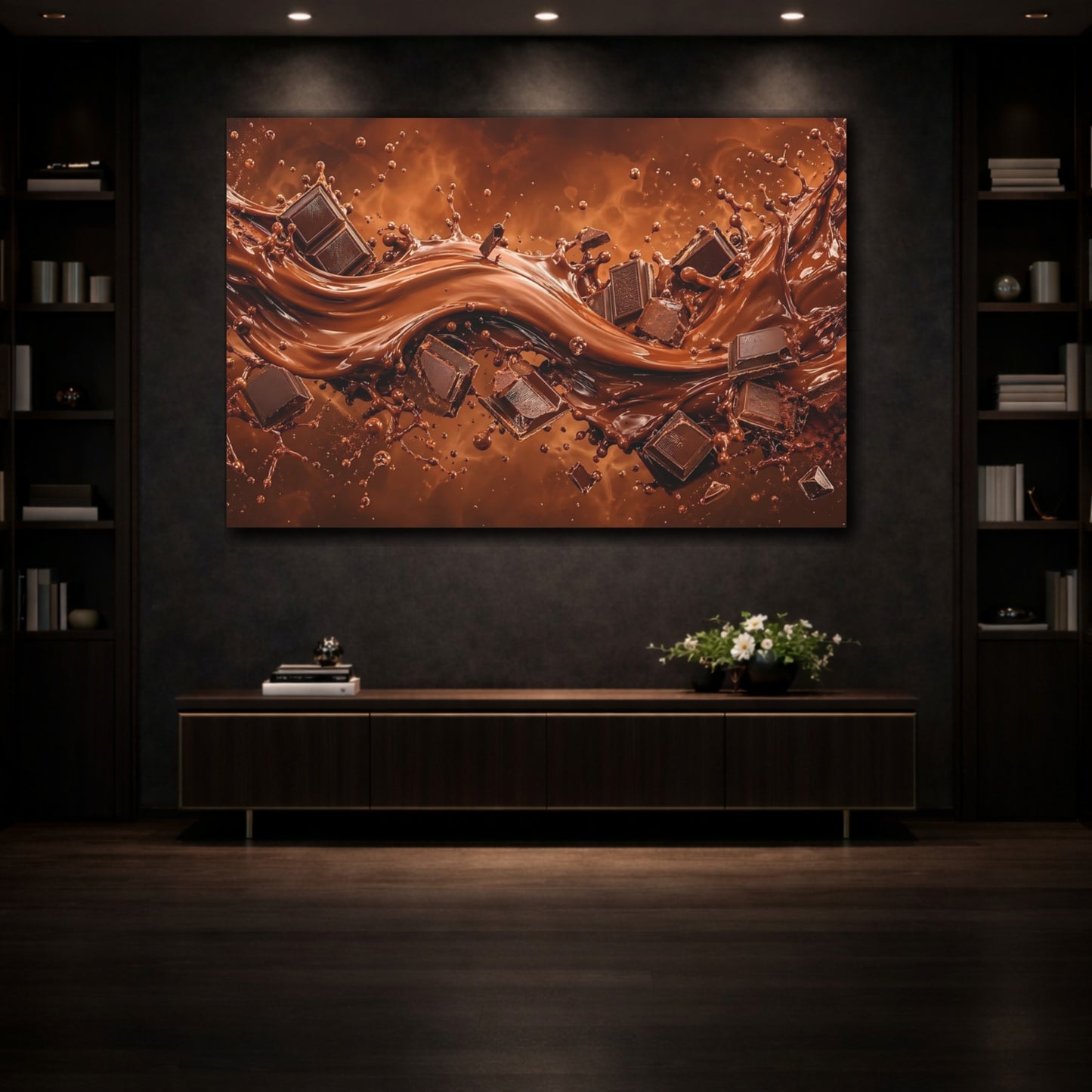 Mockup 3. Abstract Molten Chocolate Chocolate Brown shown as stretched canvas wall art