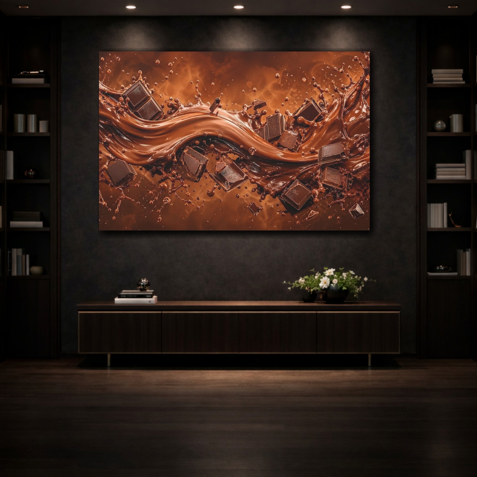 Mockup 3. Abstract Molten Chocolate Chocolate Brown shown as stretched canvas wall art