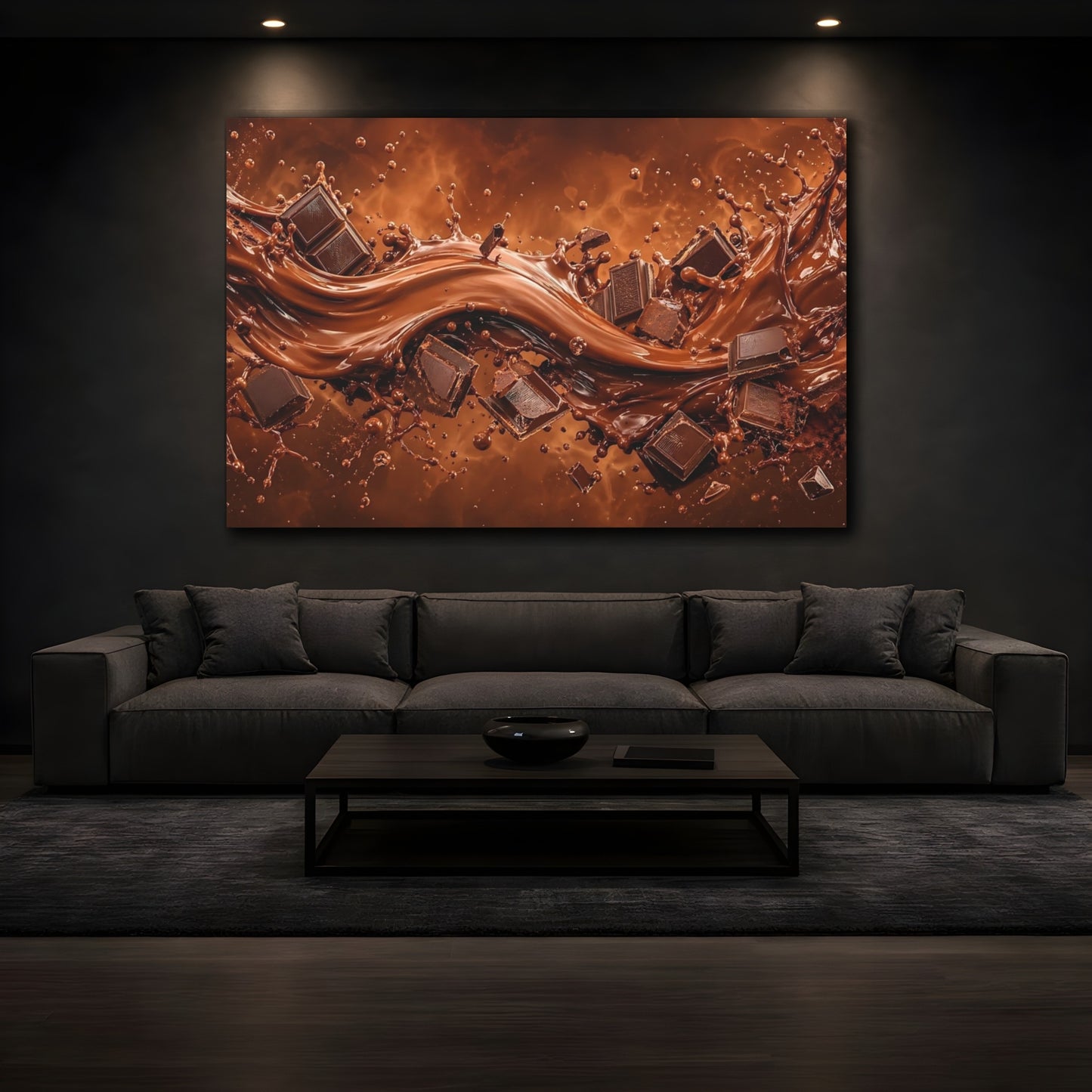 Mockup 4. Abstract Molten Chocolate Chocolate Brown shown as stretched canvas wall art