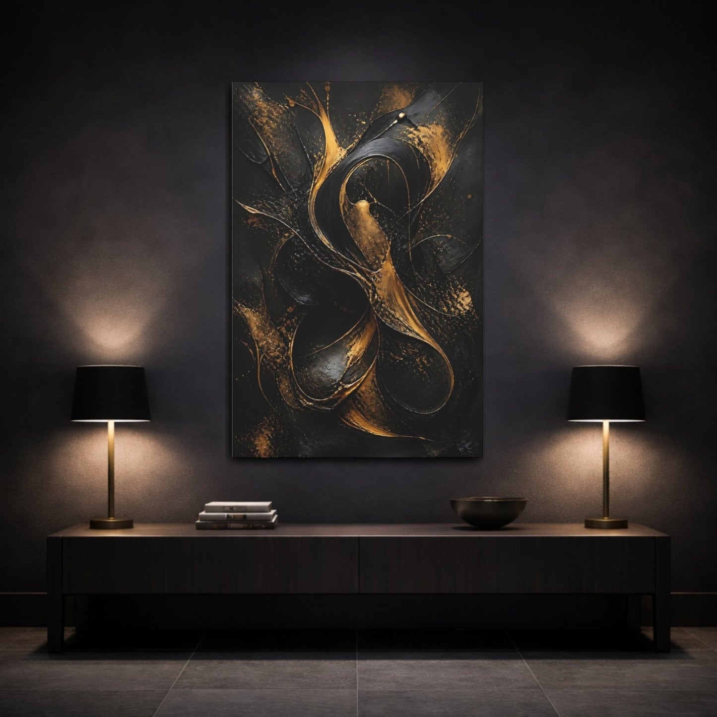 Abstract Molten Gold Black And Canvas Wall Art Print – Living Room, Above Fireplace - YesArtYes