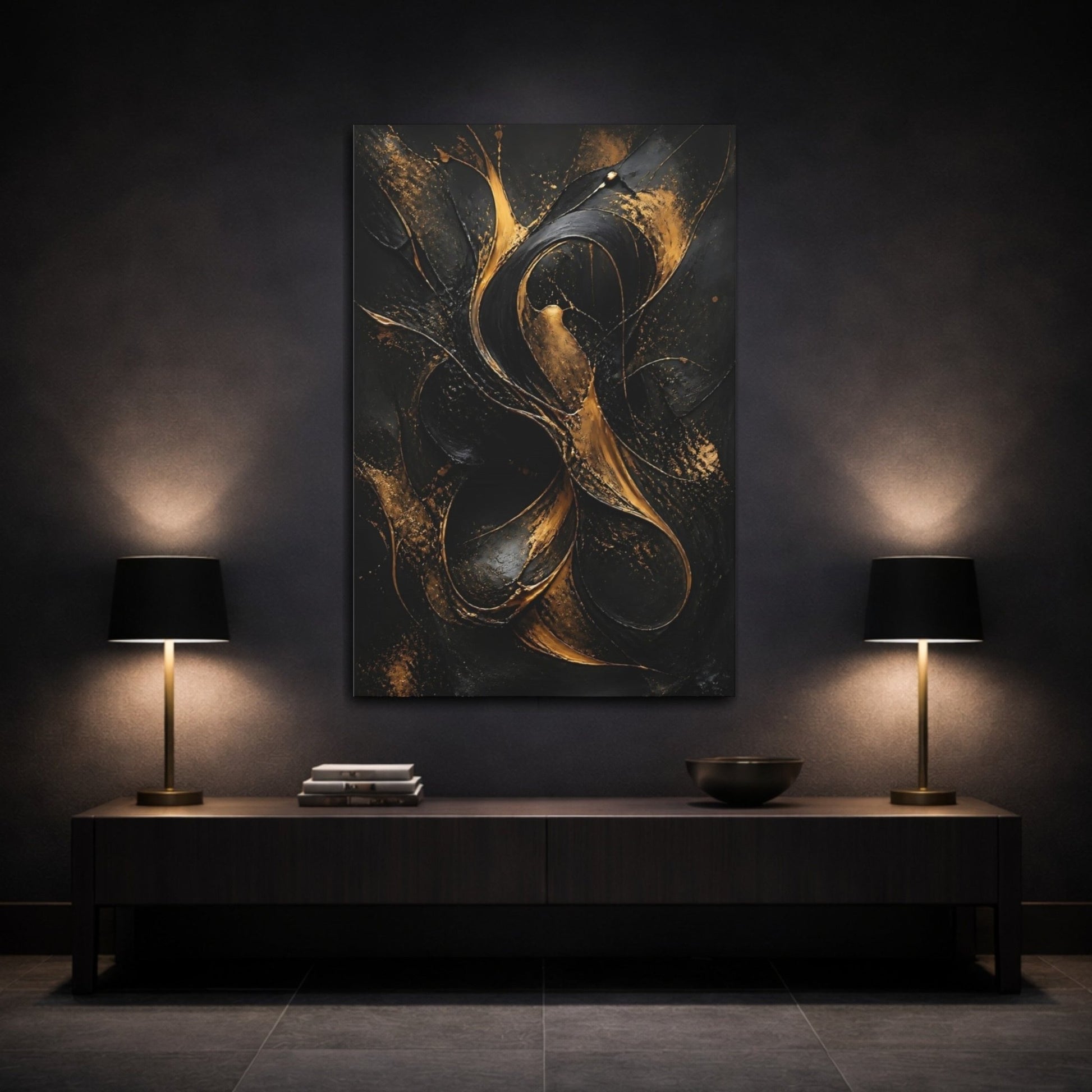 Abstract Molten Gold Black And Canvas Wall Art Print – Living Room, Above Fireplace - YesArtYes