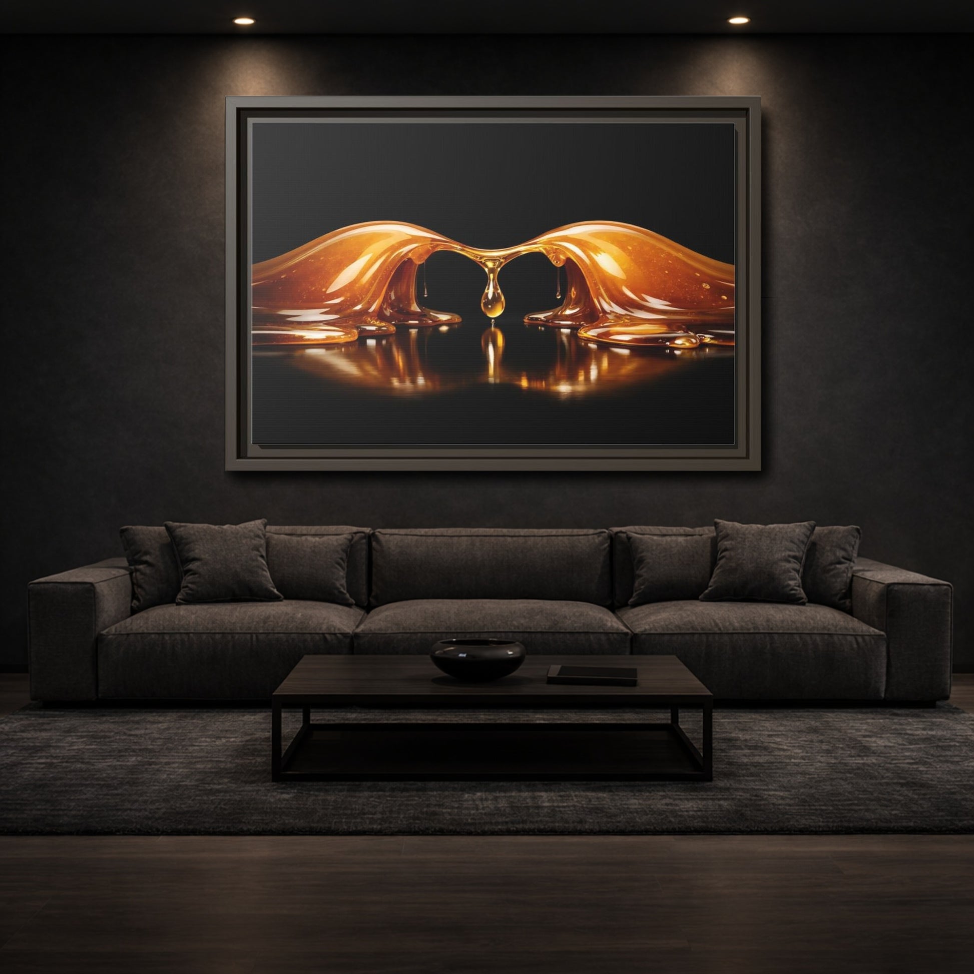 Mockup 2. Abstract Molten Gold Gold Black shown as stretched canvas wall art