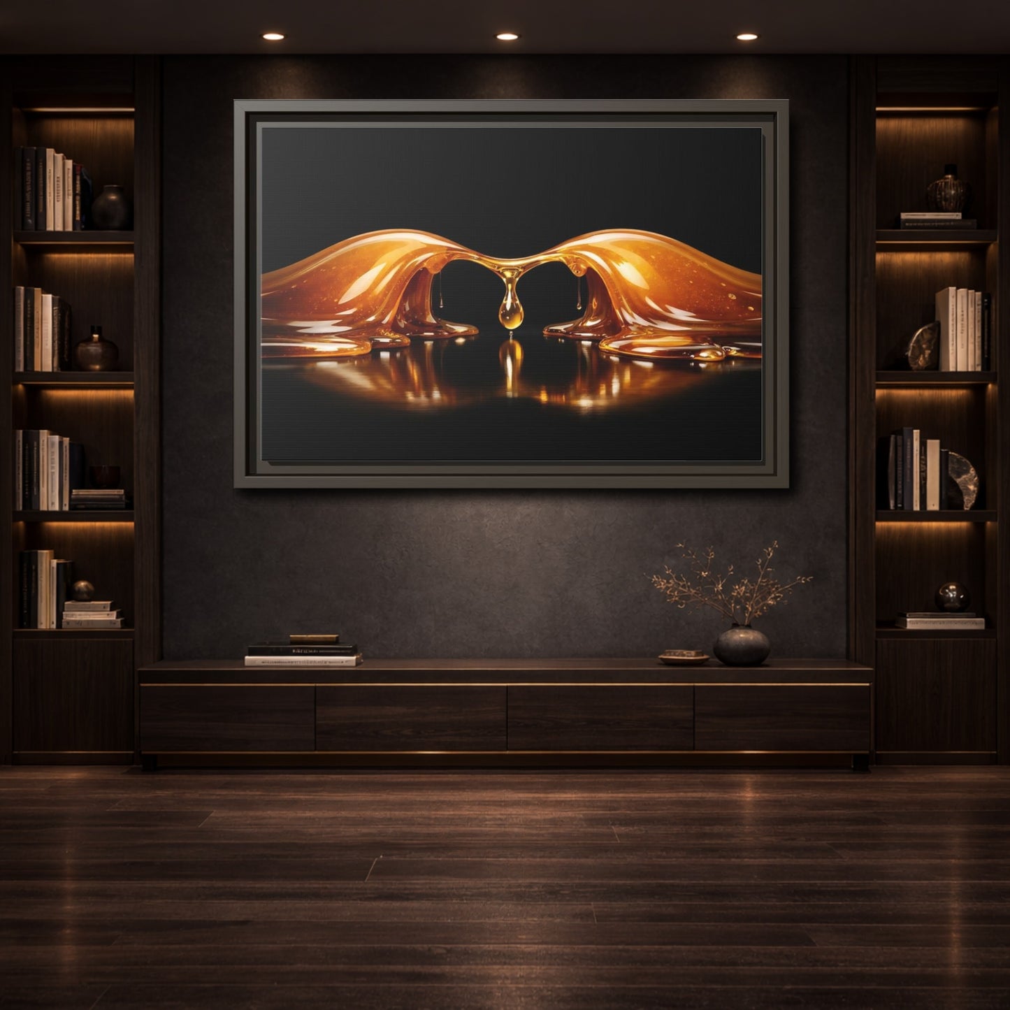 Mockup 3. Abstract Molten Gold Gold Black shown as stretched canvas wall art
