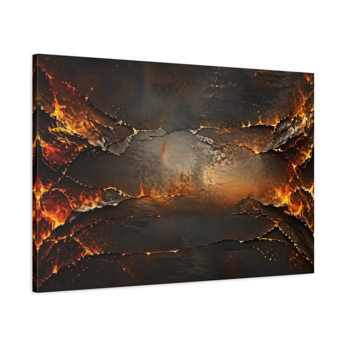 Main Mockup. Abstract Molten Rock Orange And Black shown as stretched canvas wall art