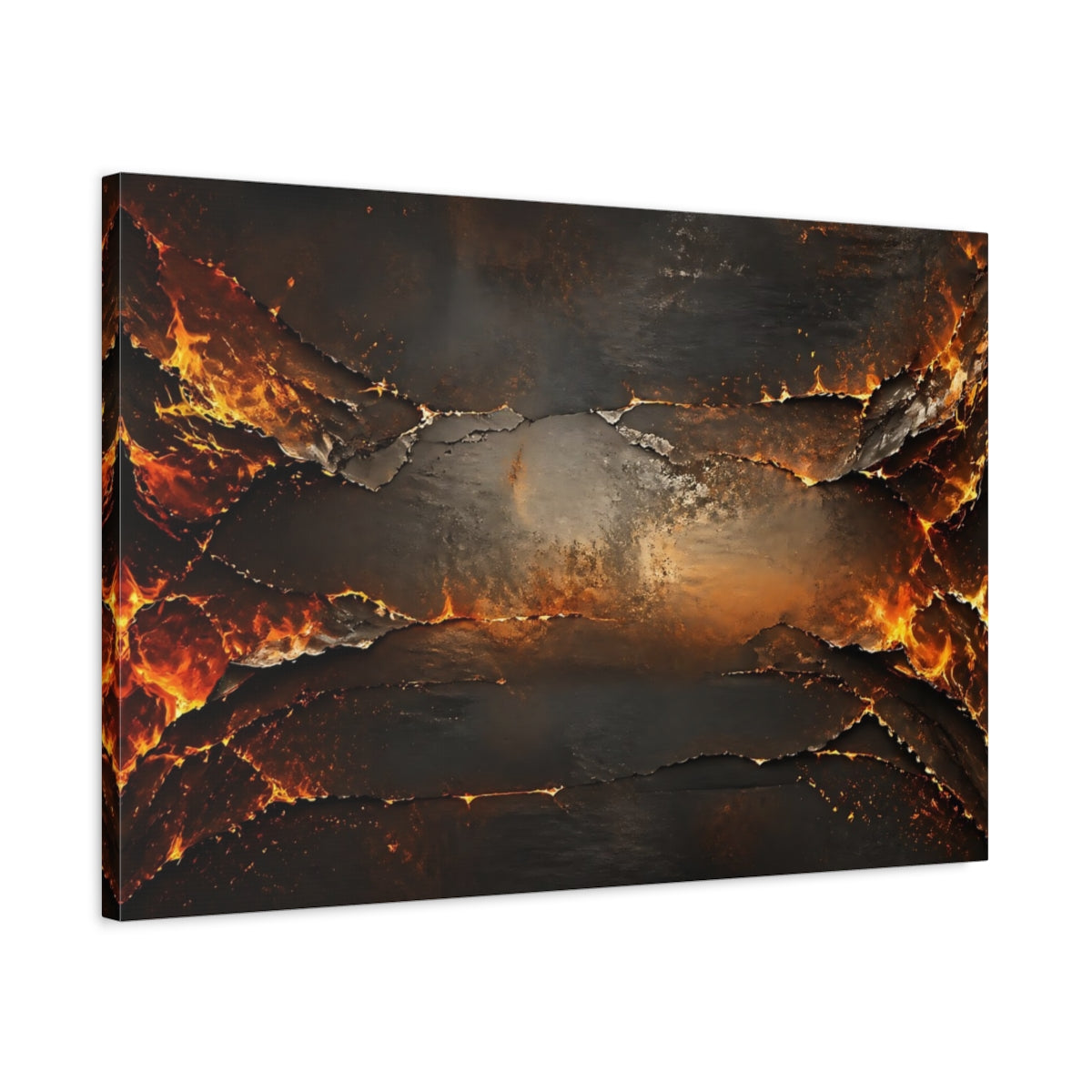 Side Mockup 2. Abstract Molten Rock Orange And Black shown as stretched canvas wall art