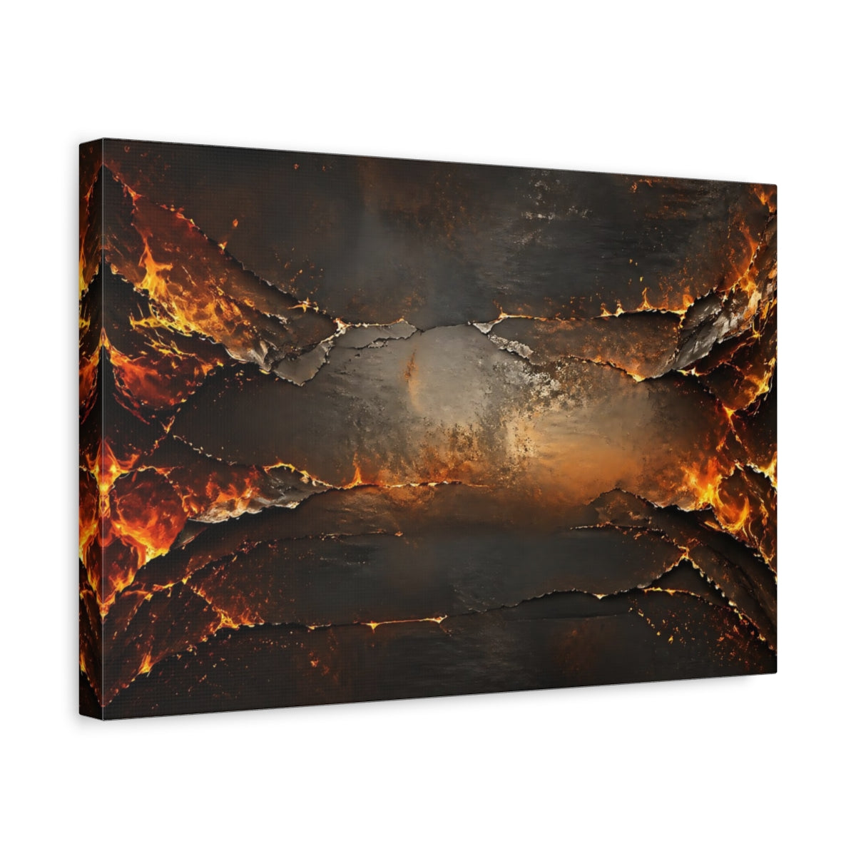 Side Mockup 4. Abstract Molten Rock Orange And Black shown as stretched canvas wall art