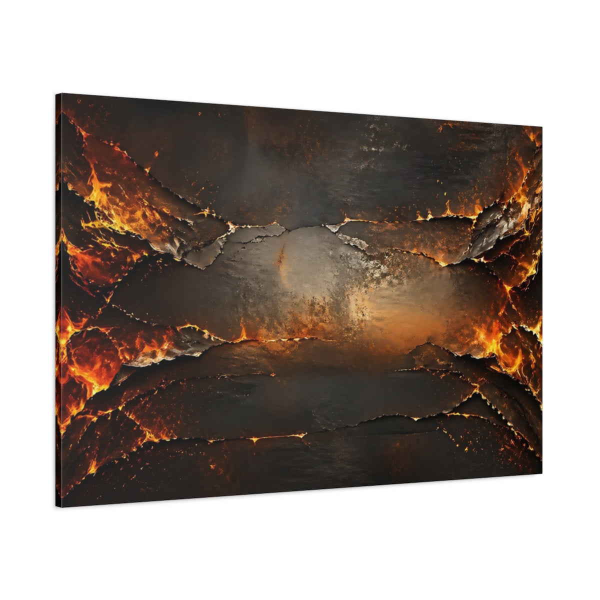 Side Mockup 1. Abstract Molten Rock Orange And Black shown as stretched canvas wall art
