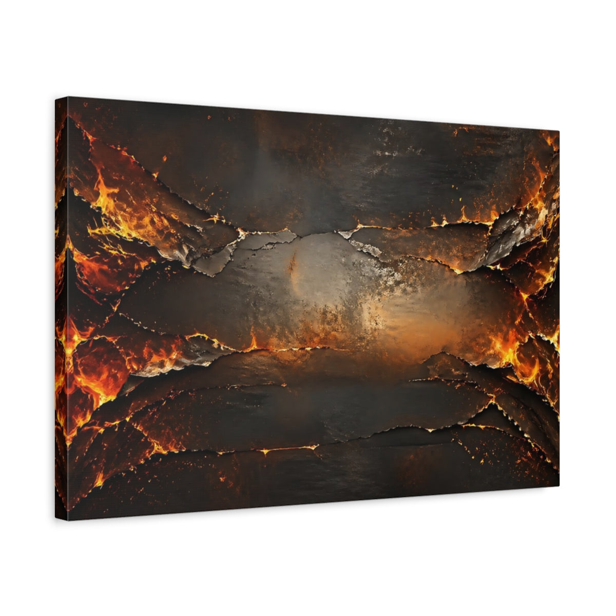 Side Mockup 3. Abstract Molten Rock Orange And Black shown as stretched canvas wall art