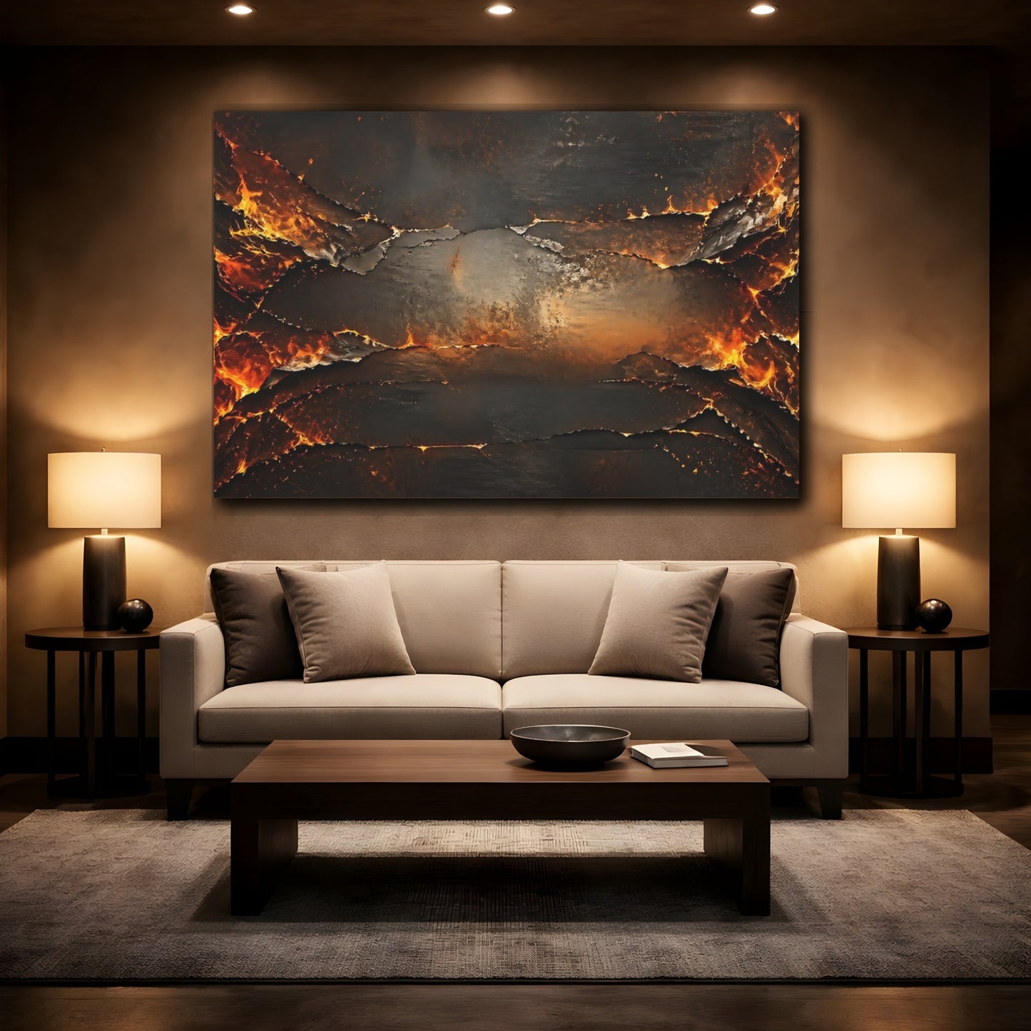 Mockup 2. Abstract Molten Rock Orange And Black shown as stretched canvas wall art