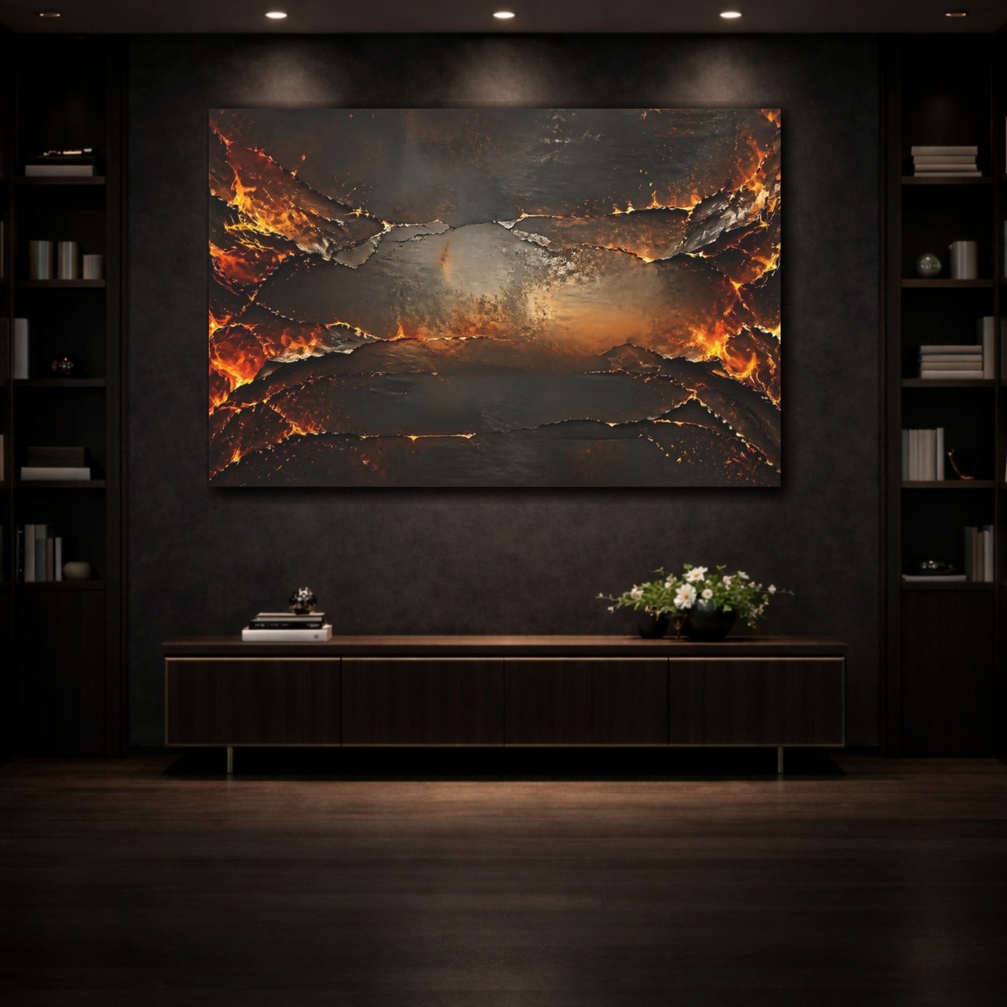 Mockup 3. Abstract Molten Rock Orange And Black shown as stretched canvas wall art