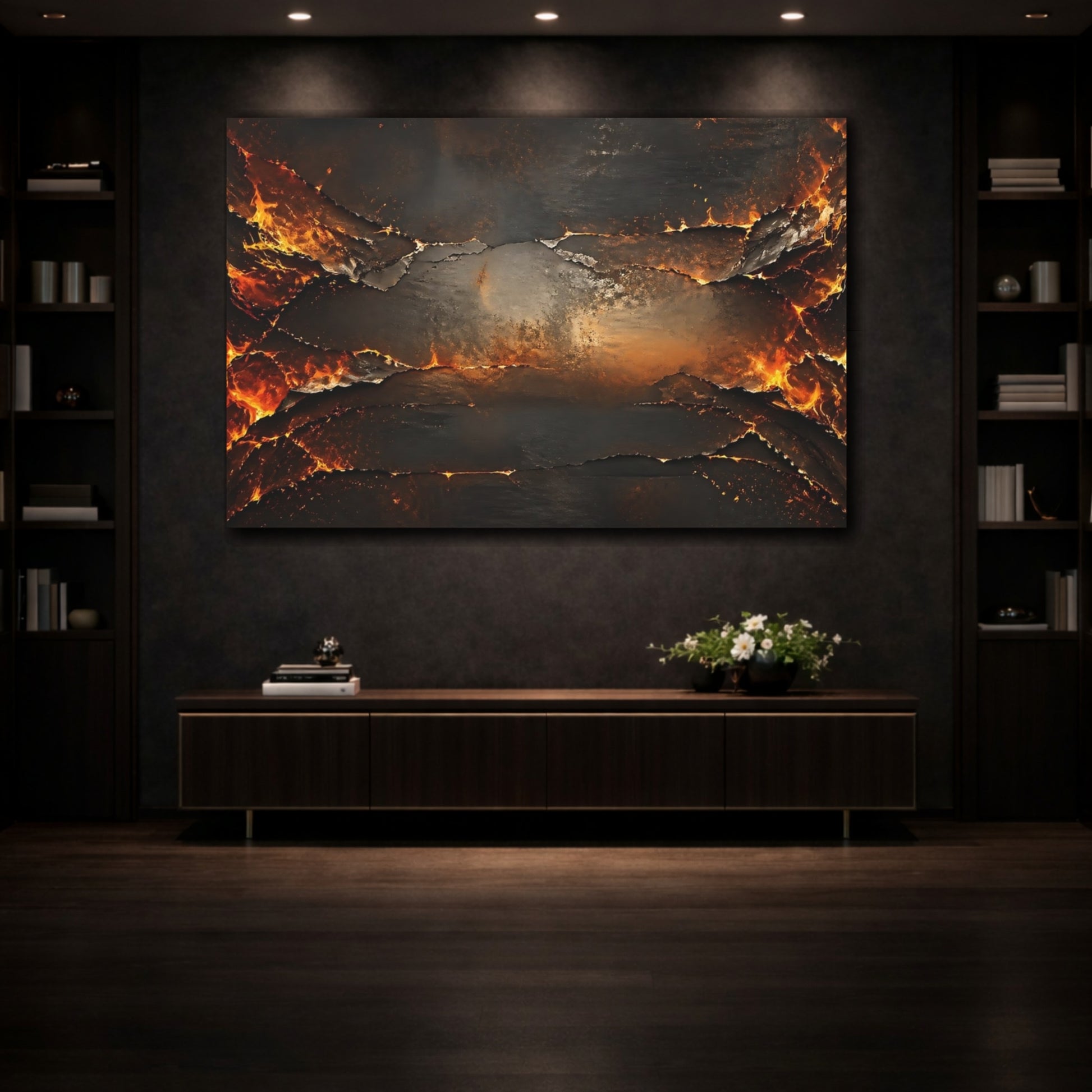 Mockup 3. Abstract Molten Rock Orange And Black shown as stretched canvas wall art