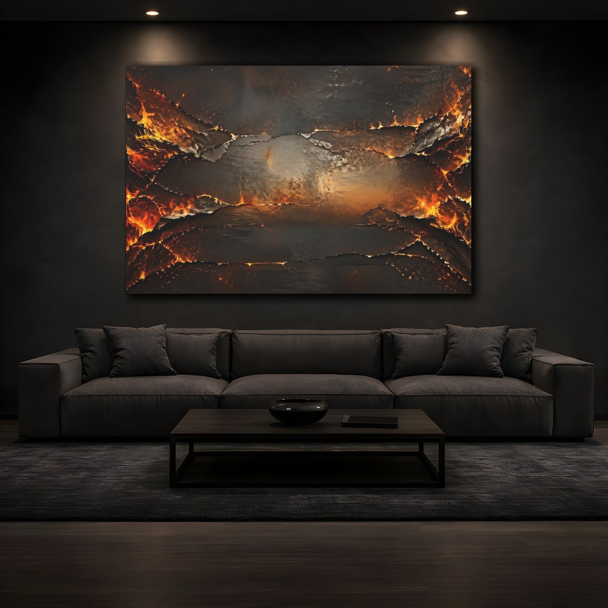 Mockup 4. Abstract Molten Rock Orange And Black shown as stretched canvas wall art