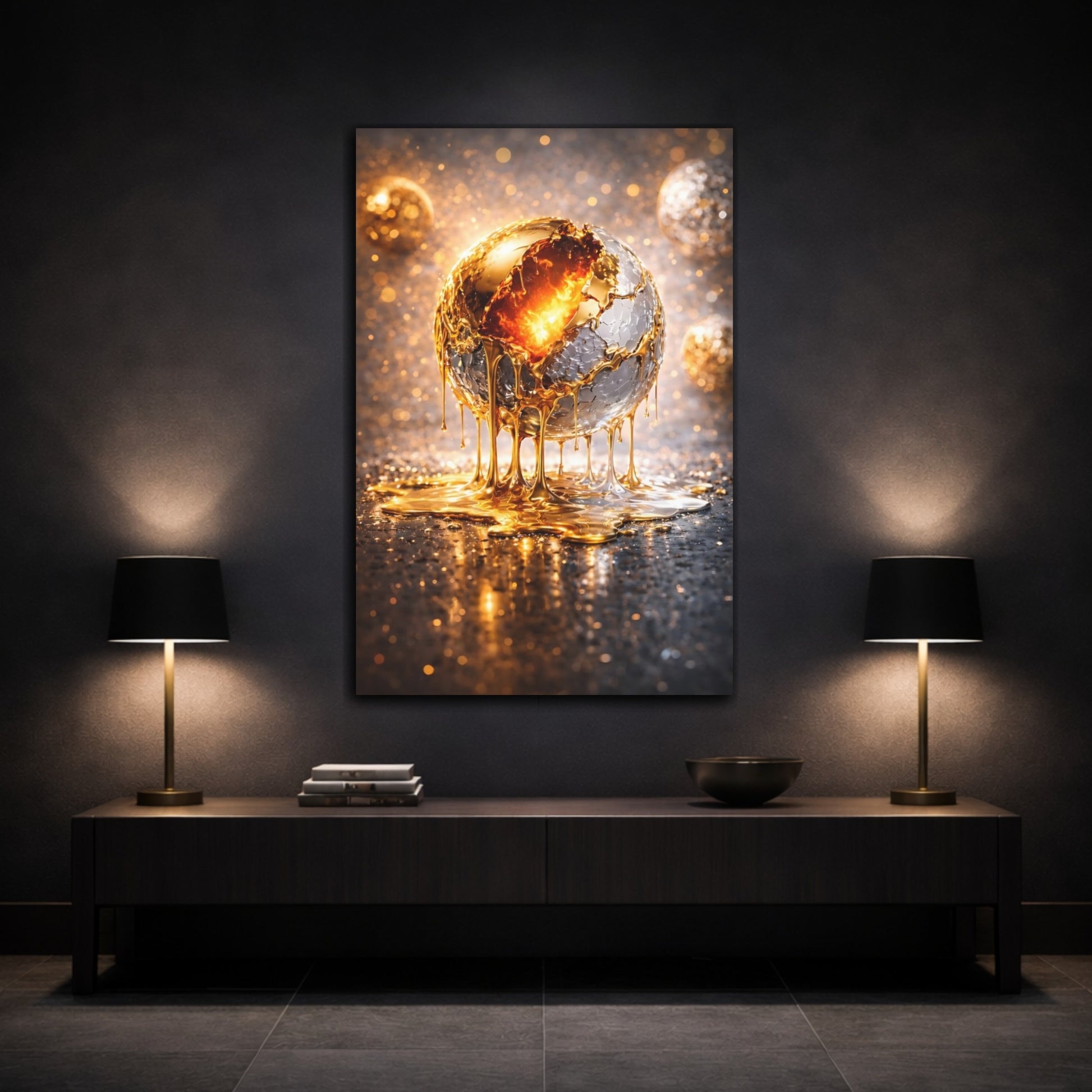 Mockup 2. Abstract Molten Sphere Gold And Silver shown as stretched canvas wall art