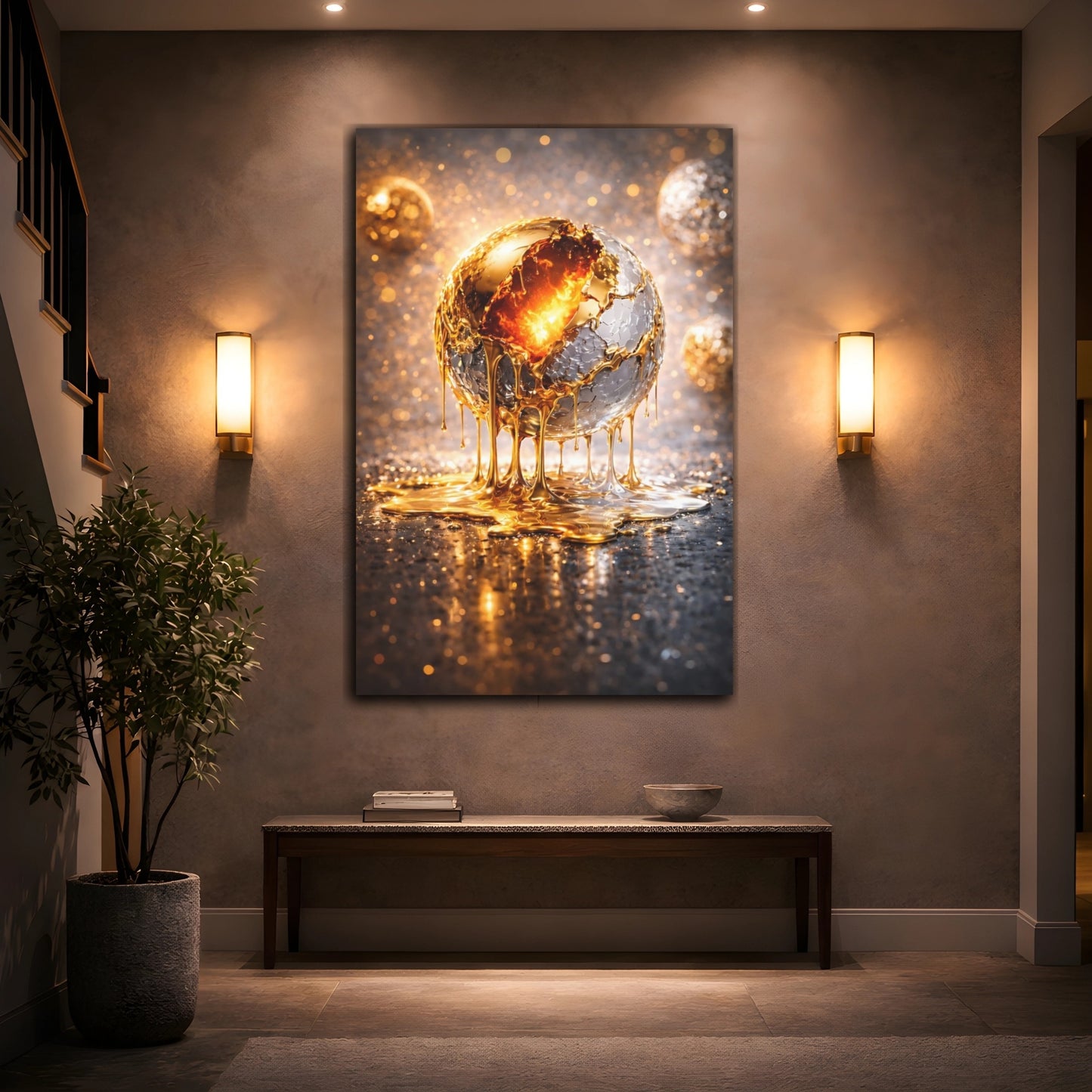 Mockup 3. Abstract Molten Sphere Gold And Silver shown as stretched canvas wall art