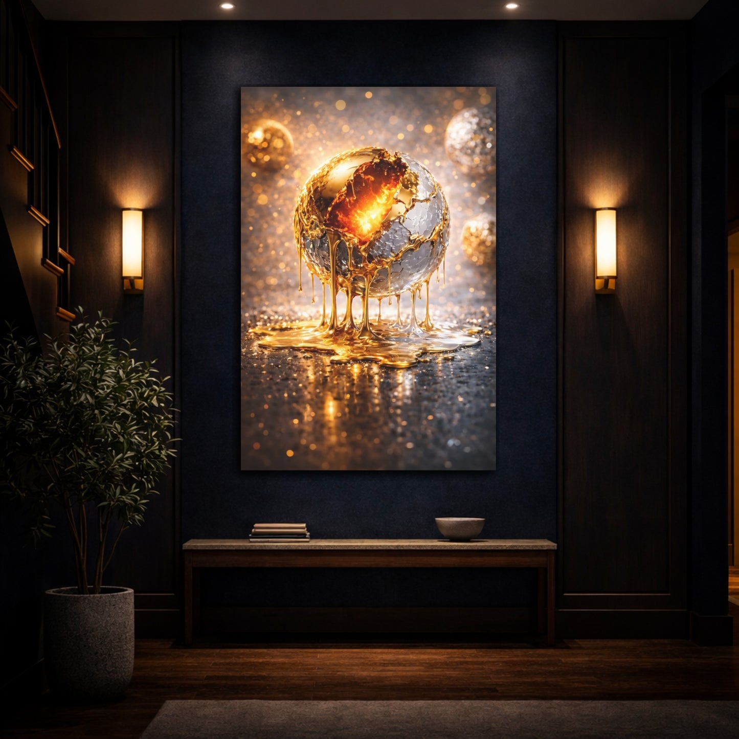 Mockup 4. Abstract Molten Sphere Gold And Silver shown as stretched canvas wall art