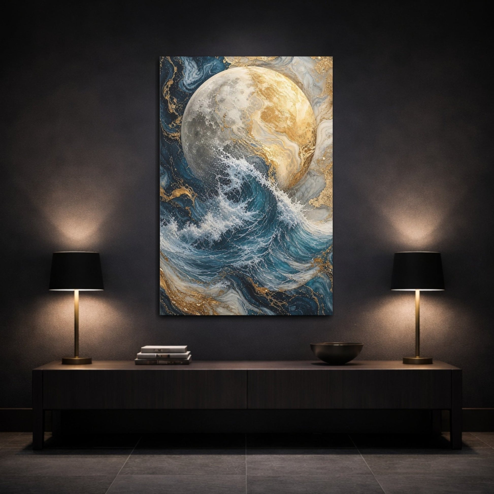 Abstract Moon Ocean Wave Blue And Canvas Wall Art Print – Living Room, Above Fireplace - YesArtYes