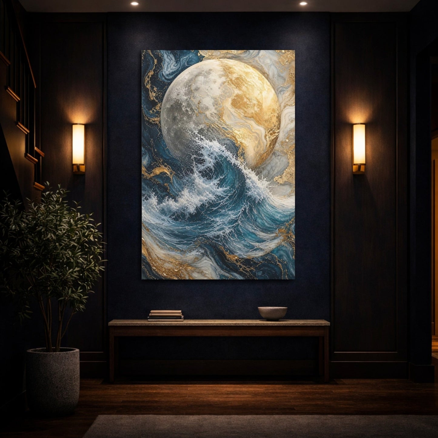 Abstract Moon Ocean Wave Blue And Canvas Wall Art Print – Living Room, Above Fireplace - YesArtYes