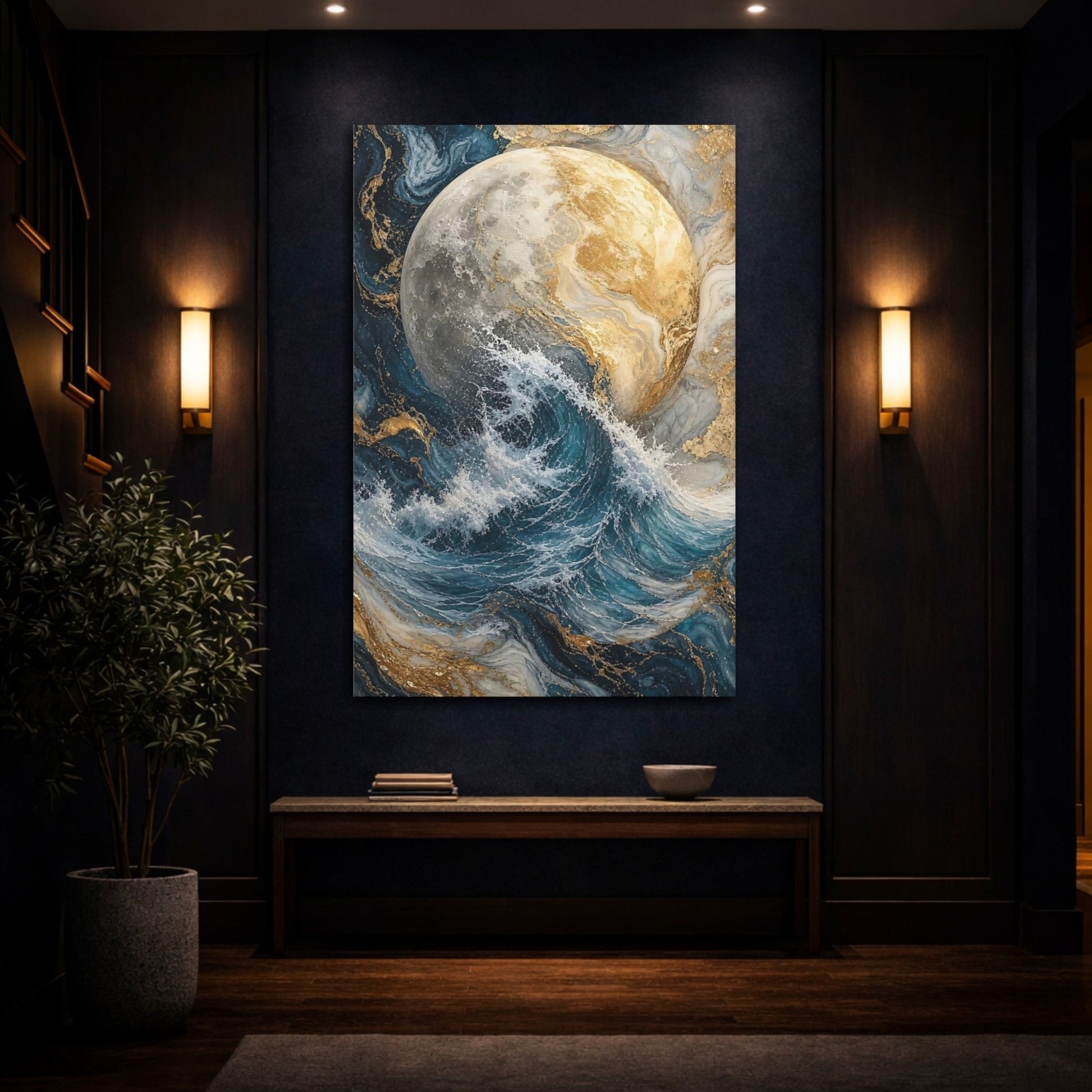 Abstract Moon Ocean Wave Blue And Canvas Wall Art Print – Living Room, Above Fireplace - YesArtYes