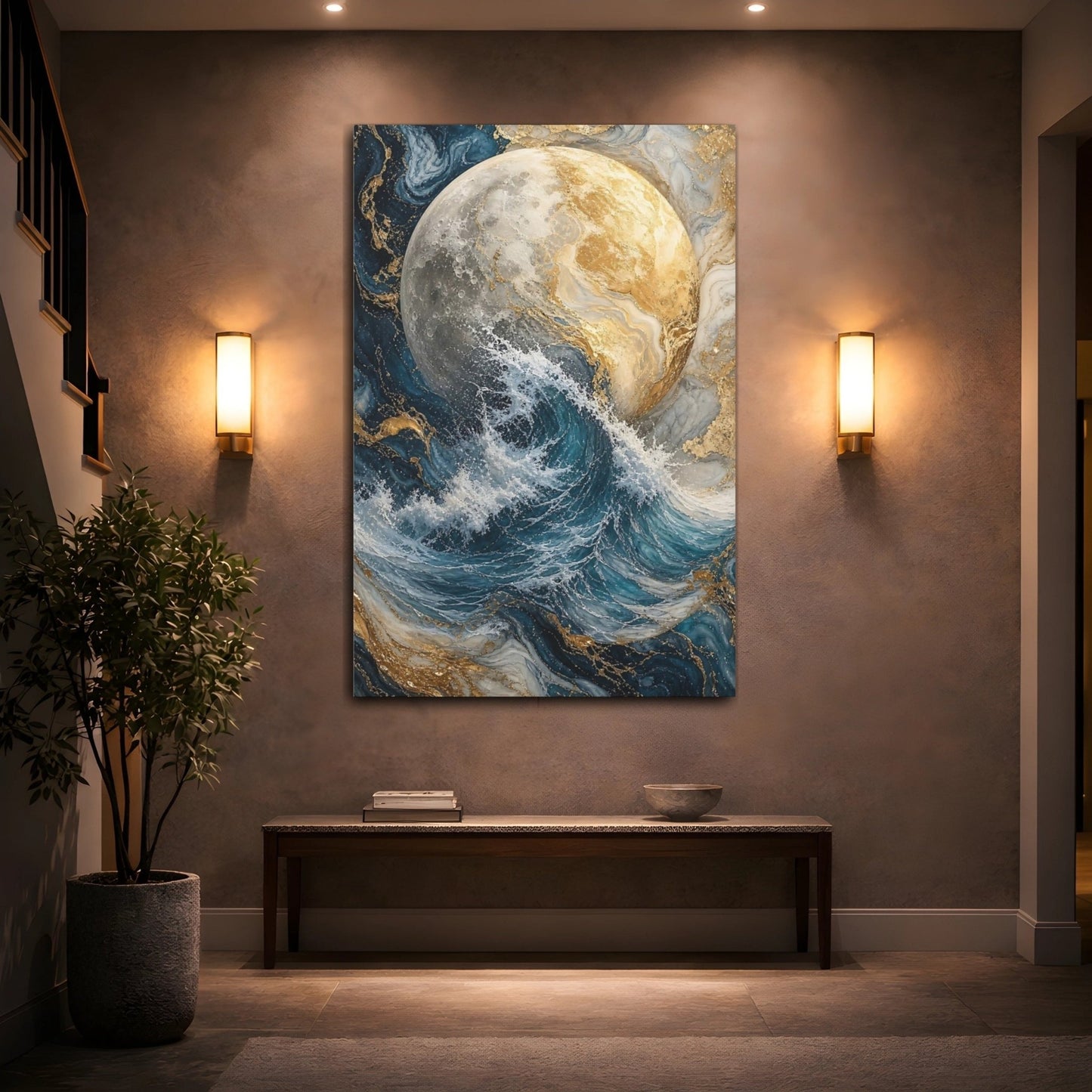 Abstract Moon Ocean Wave Blue And Canvas Wall Art Print – Living Room, Above Fireplace - YesArtYes
