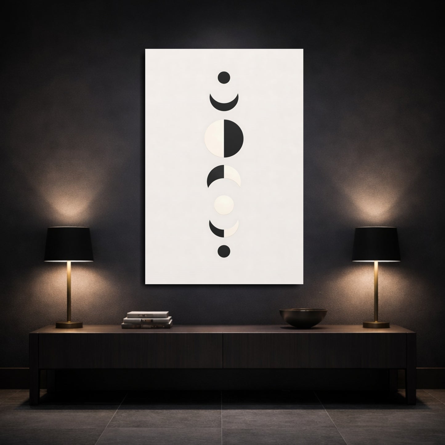 Abstract Moon Phases Black White Moon shown as front canvas room wall art