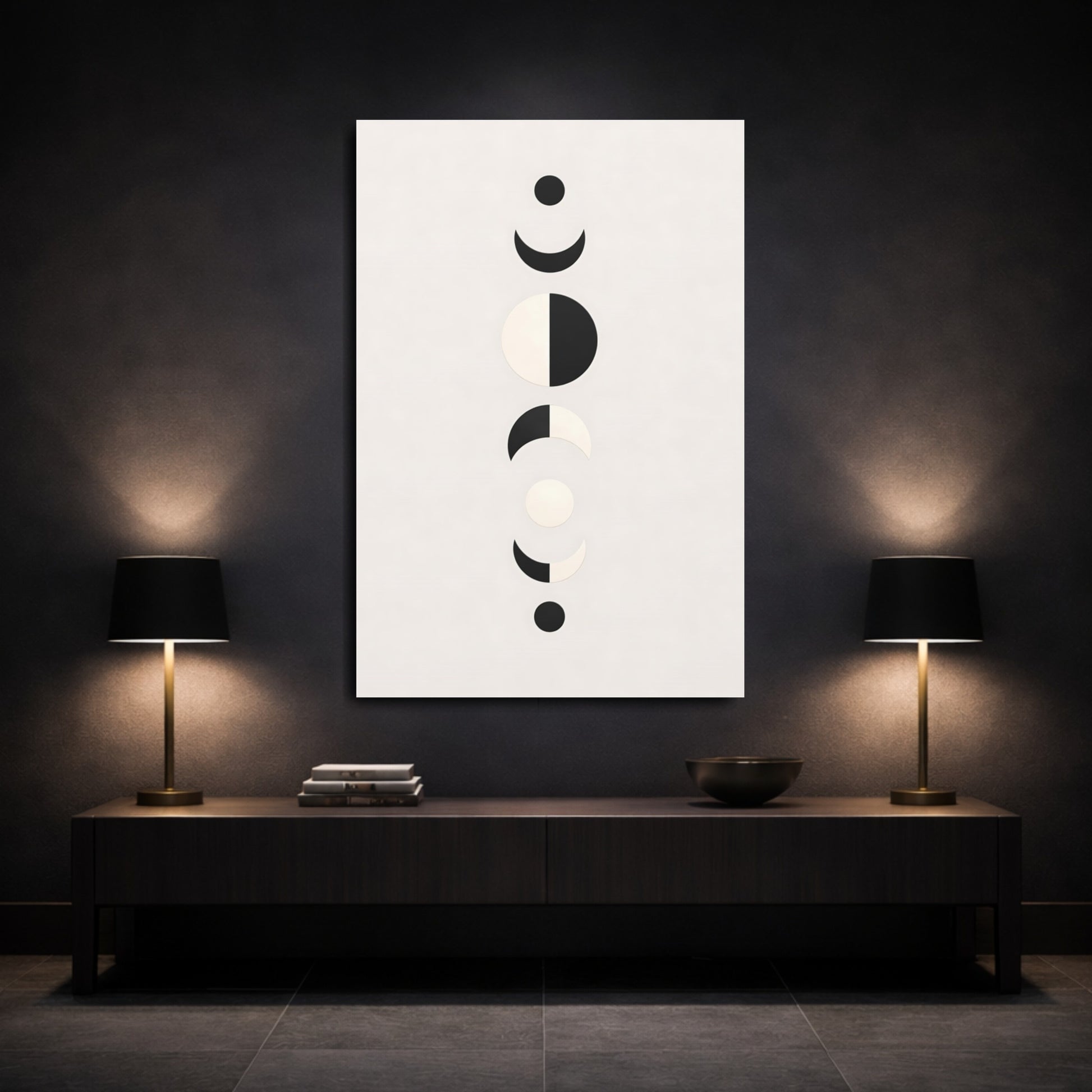 Abstract Moon Phases Black White Moon shown as front canvas room wall art
