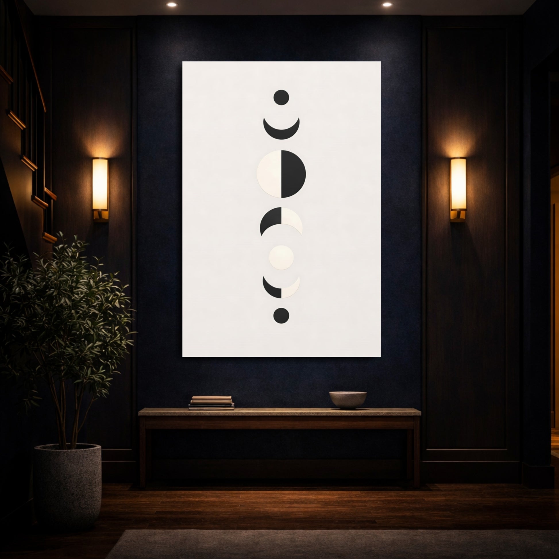 Abstract Moon Phases Black White Moon shown as front canvas room wall art