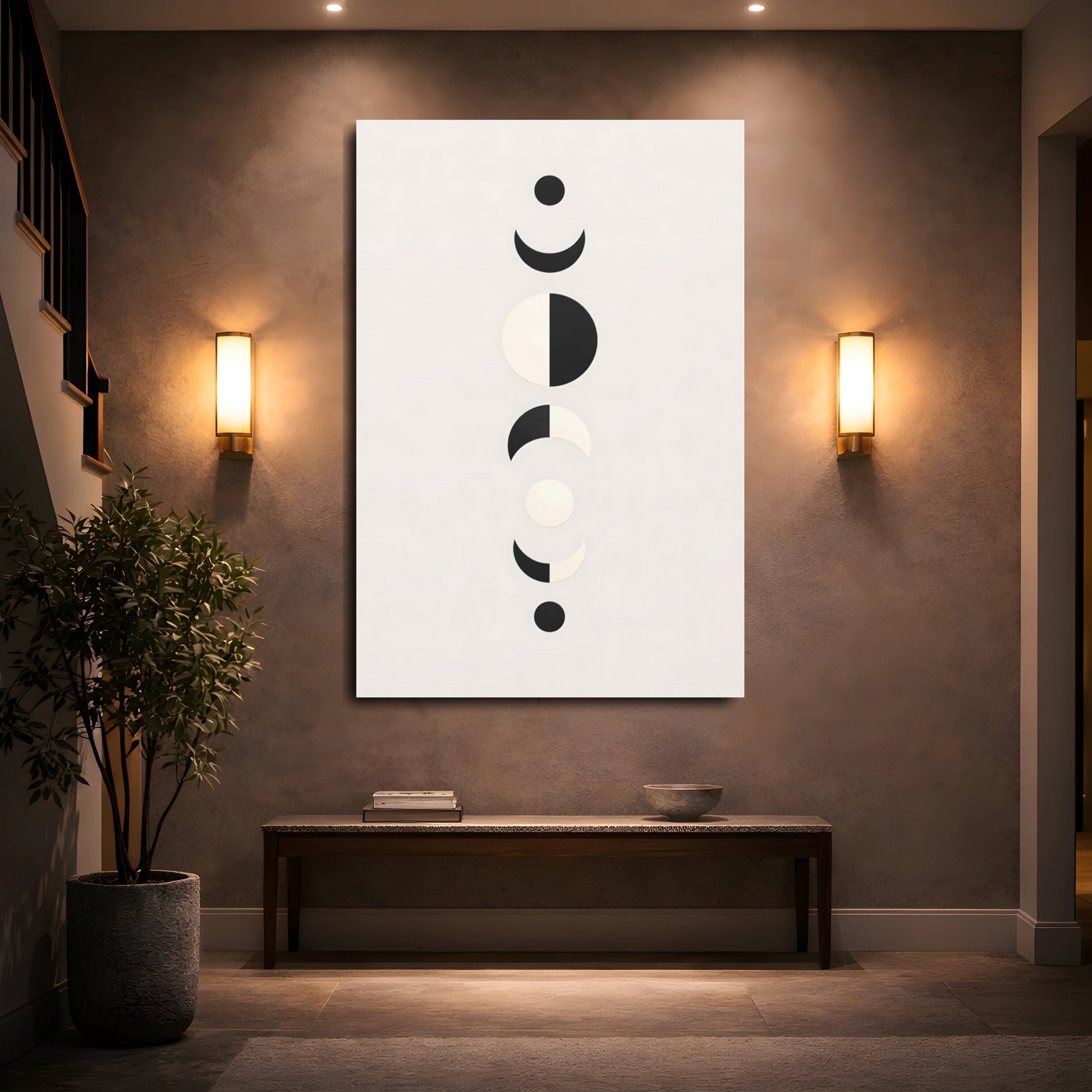 Abstract Moon Phases Black White Moon shown as front canvas room wall art