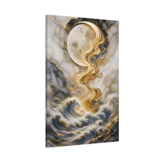 Main Mockup. Abstract Moon Waves Gold Gray Ocean shown as stretched canvas wall art