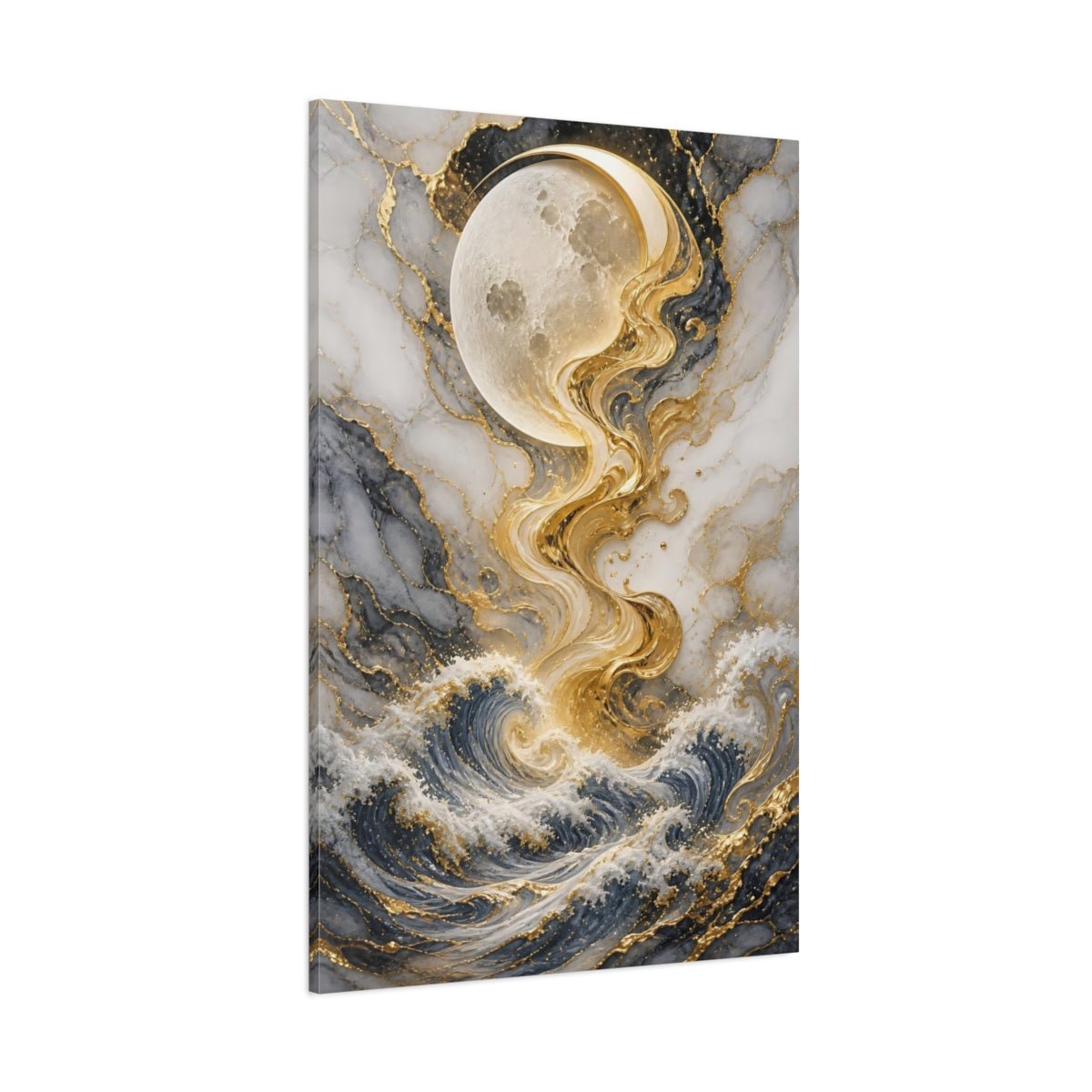 Abstract Moon Waves Gold Gray Ocean Canvas Wall Art Print – Living Room, Above Couch - YesArtYes