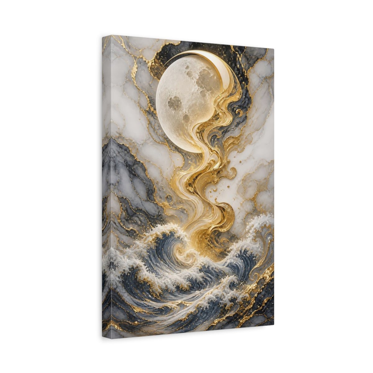 Abstract Moon Waves Gold Gray Ocean Canvas Wall Art Print – Living Room, Above Couch - YesArtYes
