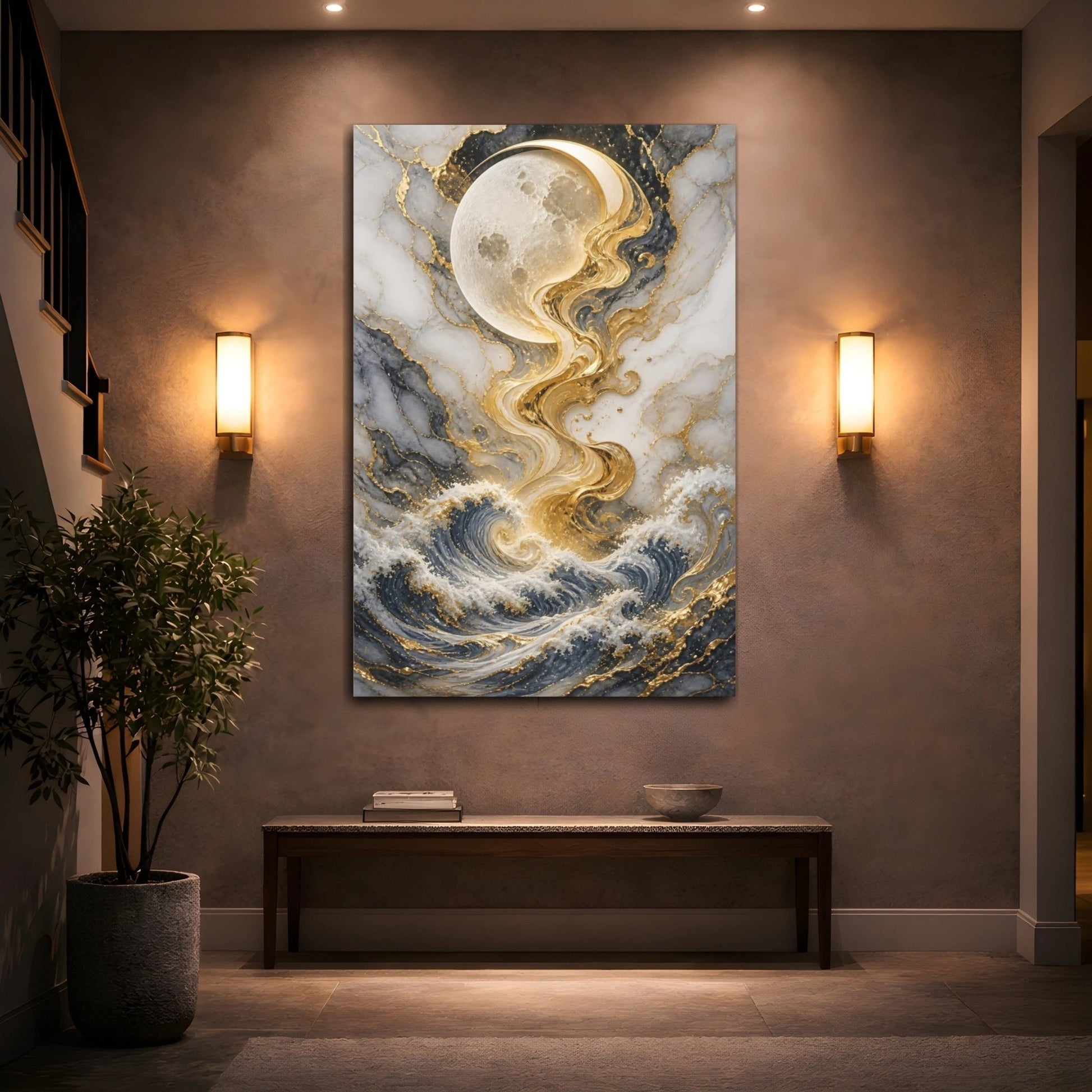 Abstract Moon Waves Gold Gray Ocean Canvas Wall Art Print – Living Room, Above Couch - YesArtYes