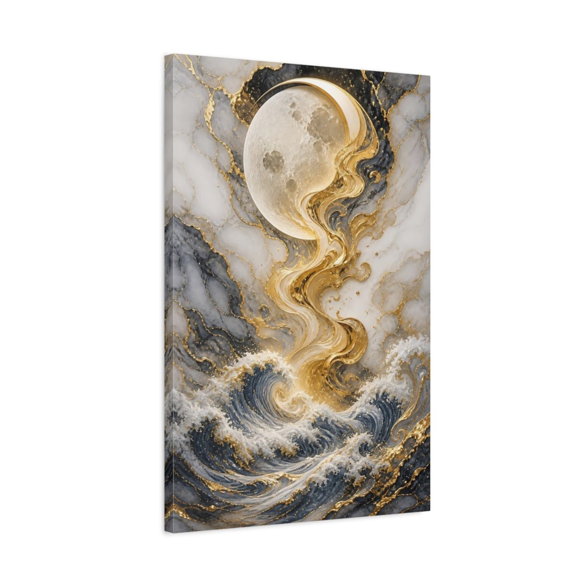Abstract Moon Waves Gold Gray Ocean Canvas Wall Art Print – Living Room, Above Couch - YesArtYes
