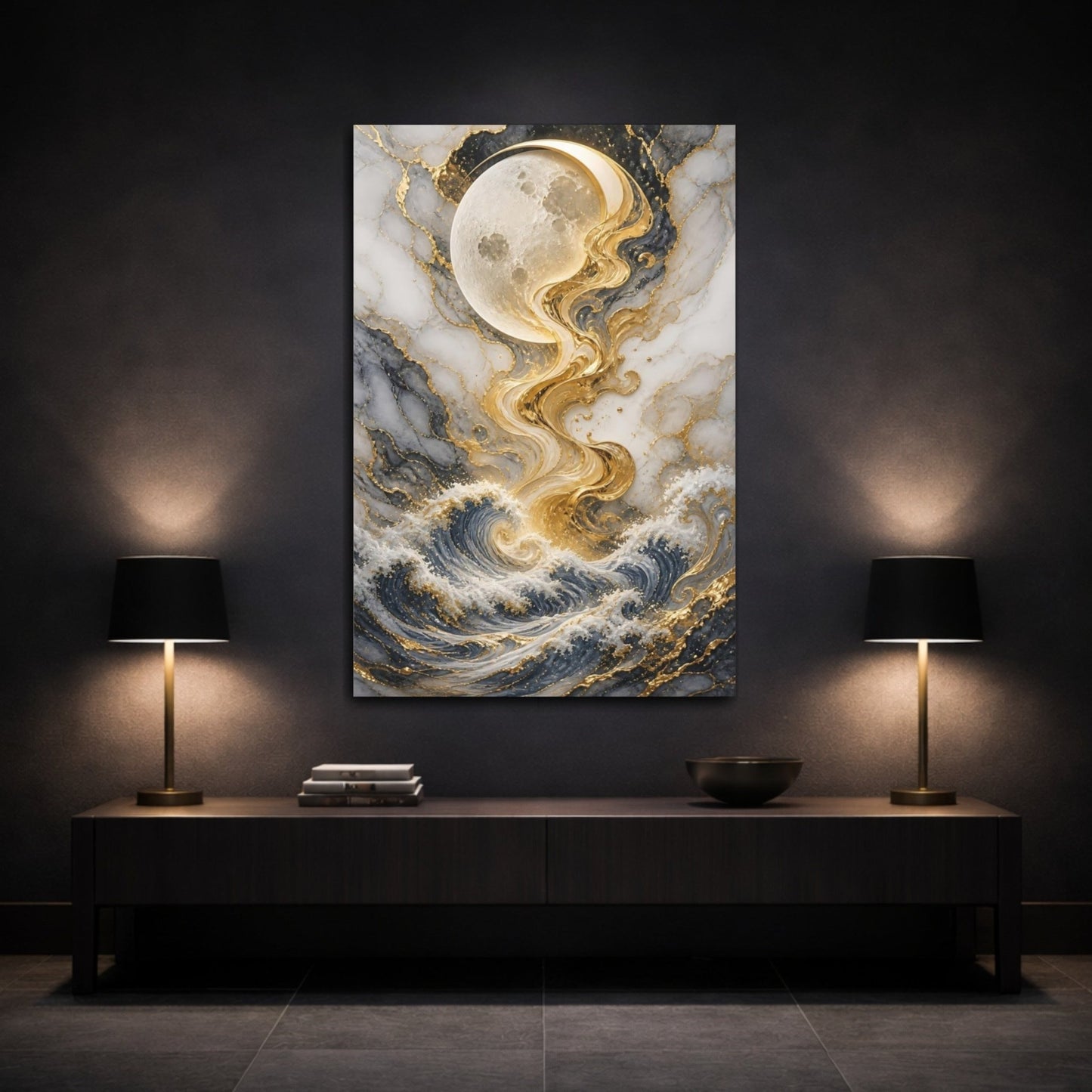 Abstract Moon Waves Gold Gray Ocean Canvas Wall Art Print – Living Room, Above Couch - YesArtYes