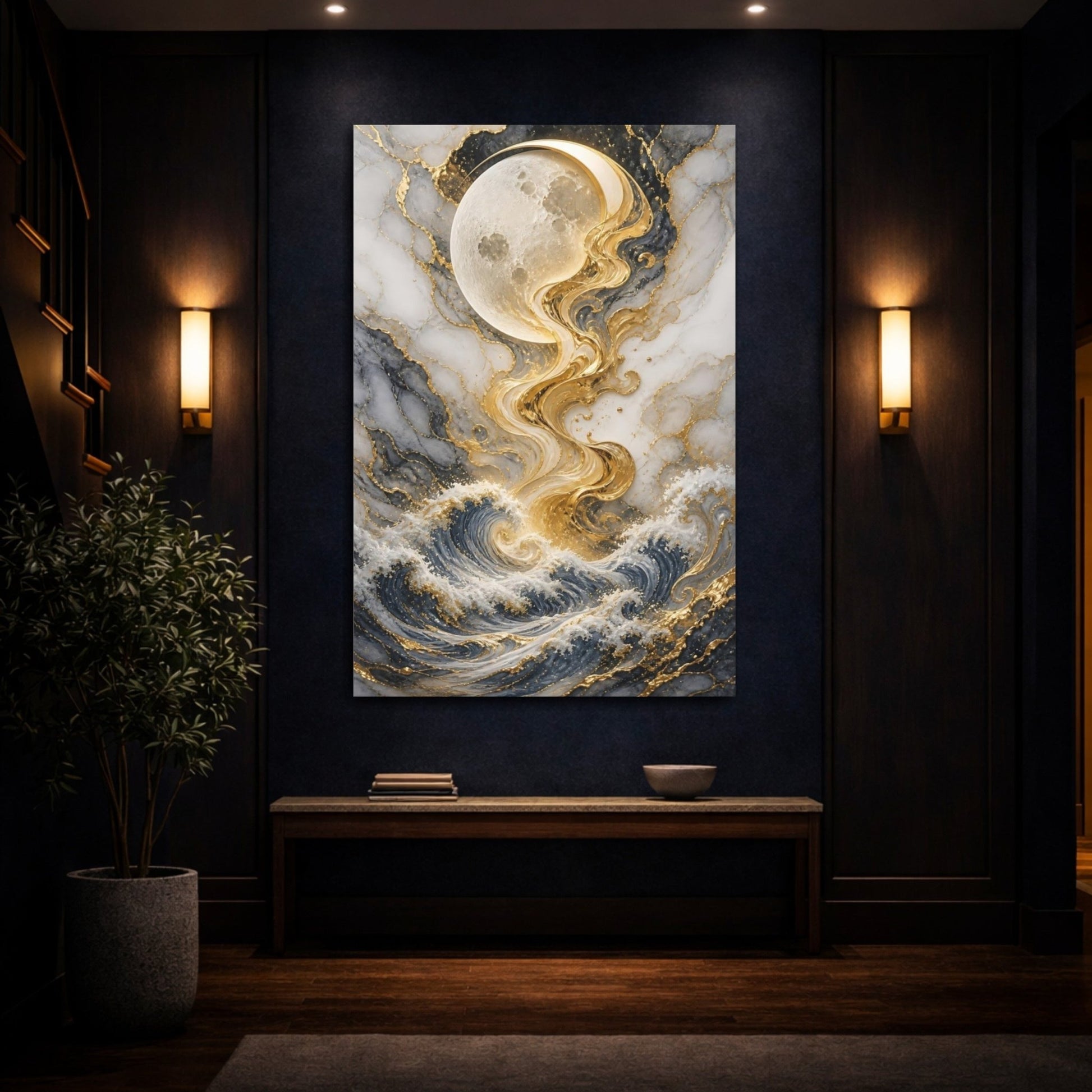 Abstract Moon Waves Gold Gray Ocean Canvas Wall Art Print – Living Room, Above Couch - YesArtYes