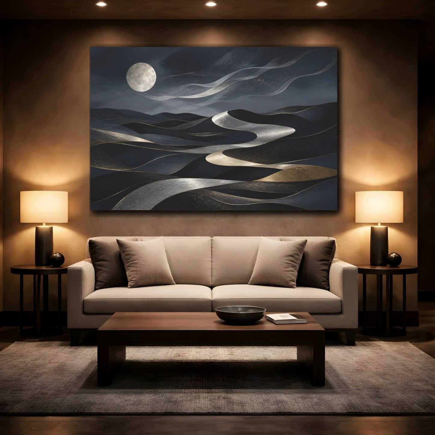 Abstract Moonlit Dunes Dark Blue Gold Canvas Print Wall Art – Living Room, Above Fireplace - YesArtYes