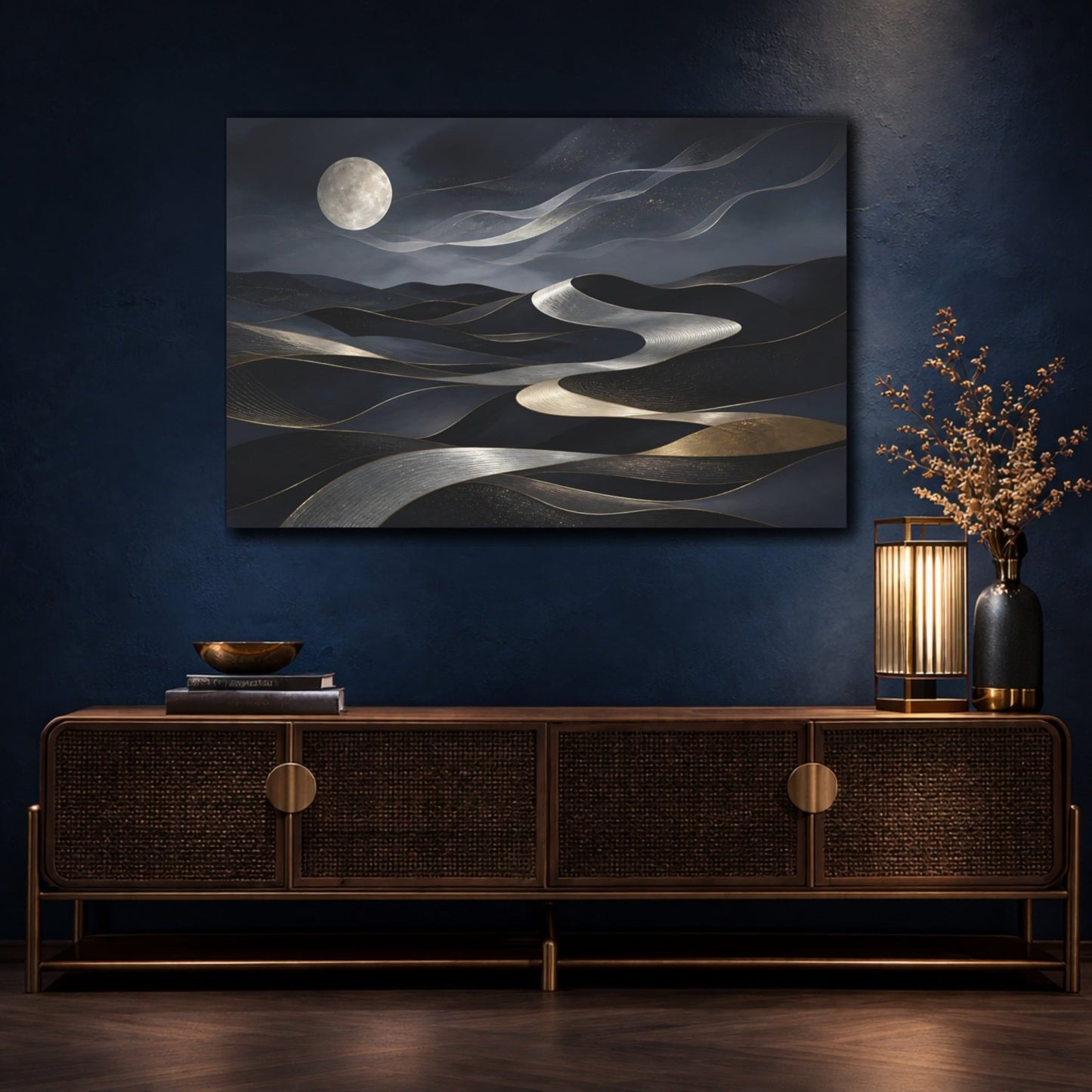 Abstract Moonlit Dunes Dark Blue Gold Canvas Print Wall Art – Living Room, Above Fireplace - YesArtYes