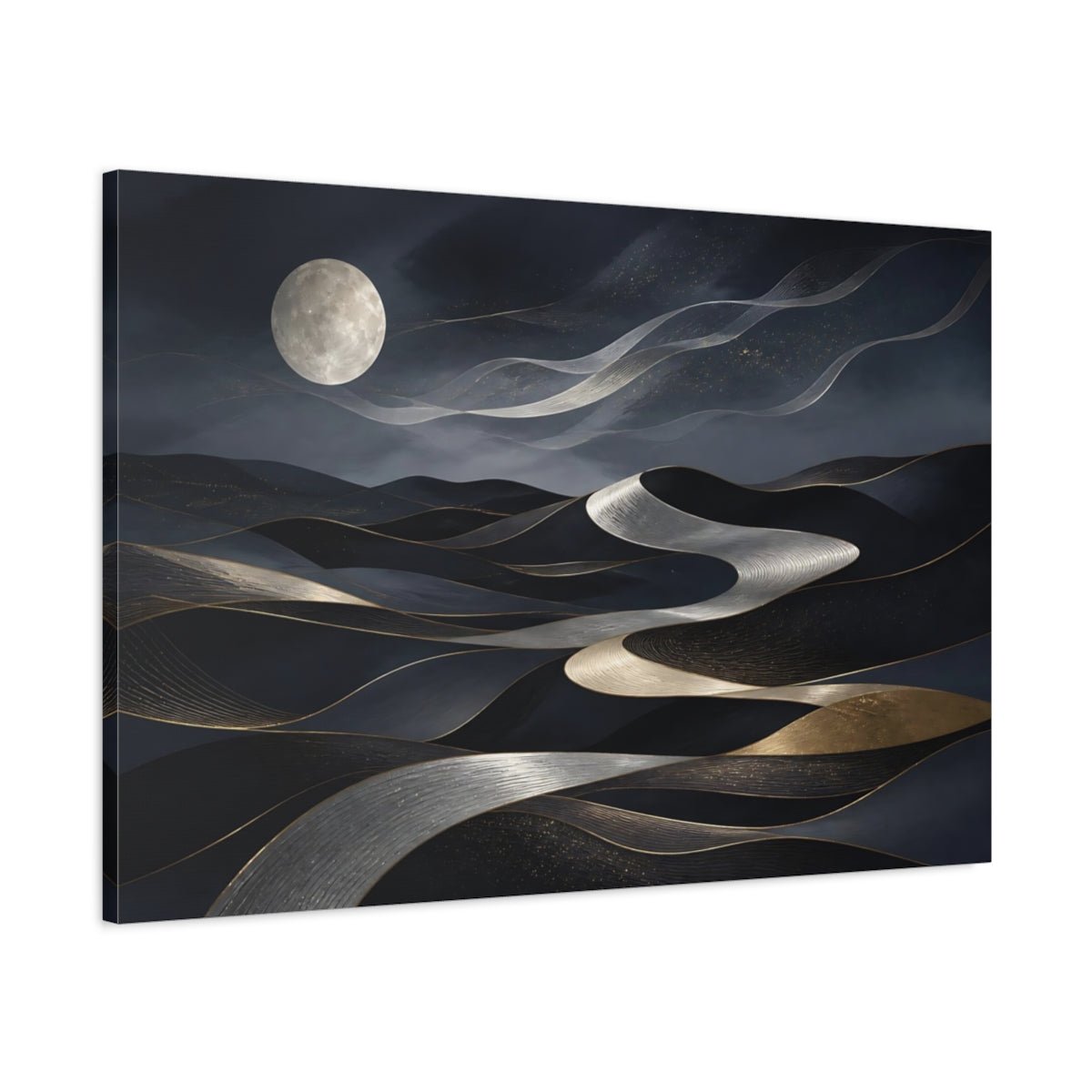 Abstract Moonlit Dunes Dark Blue Gold Canvas Print Wall Art – Living Room, Above Fireplace - YesArtYes