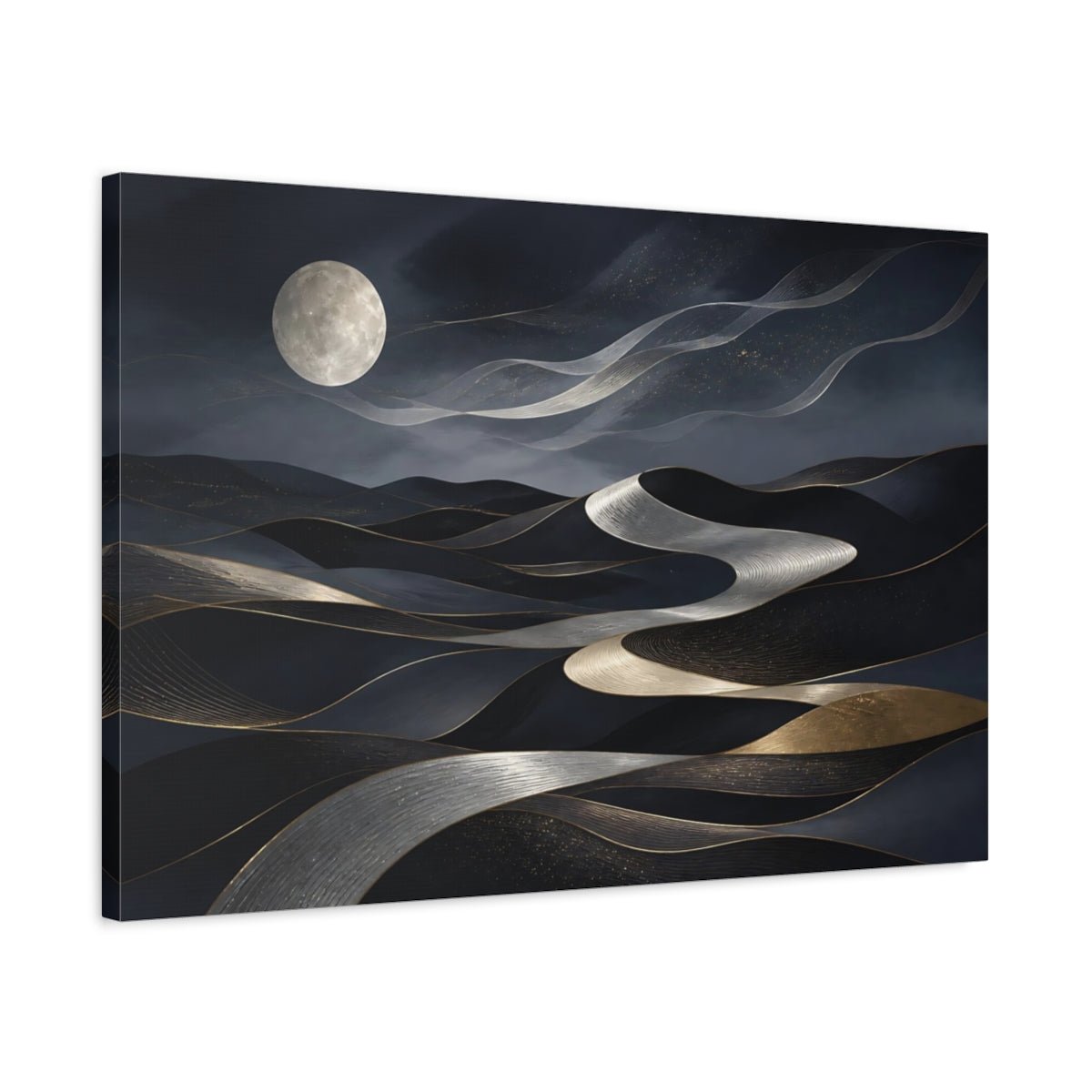 Abstract Moonlit Dunes Dark Blue Gold Canvas Print Wall Art – Living Room, Above Fireplace - YesArtYes