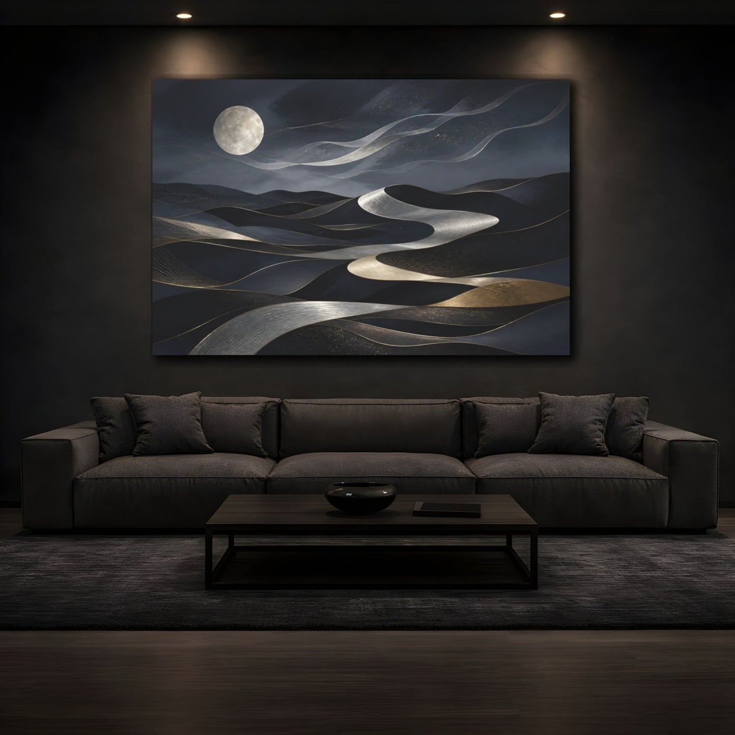 Abstract Moonlit Dunes Dark Blue Gold Canvas Print Wall Art – Living Room, Above Fireplace - YesArtYes