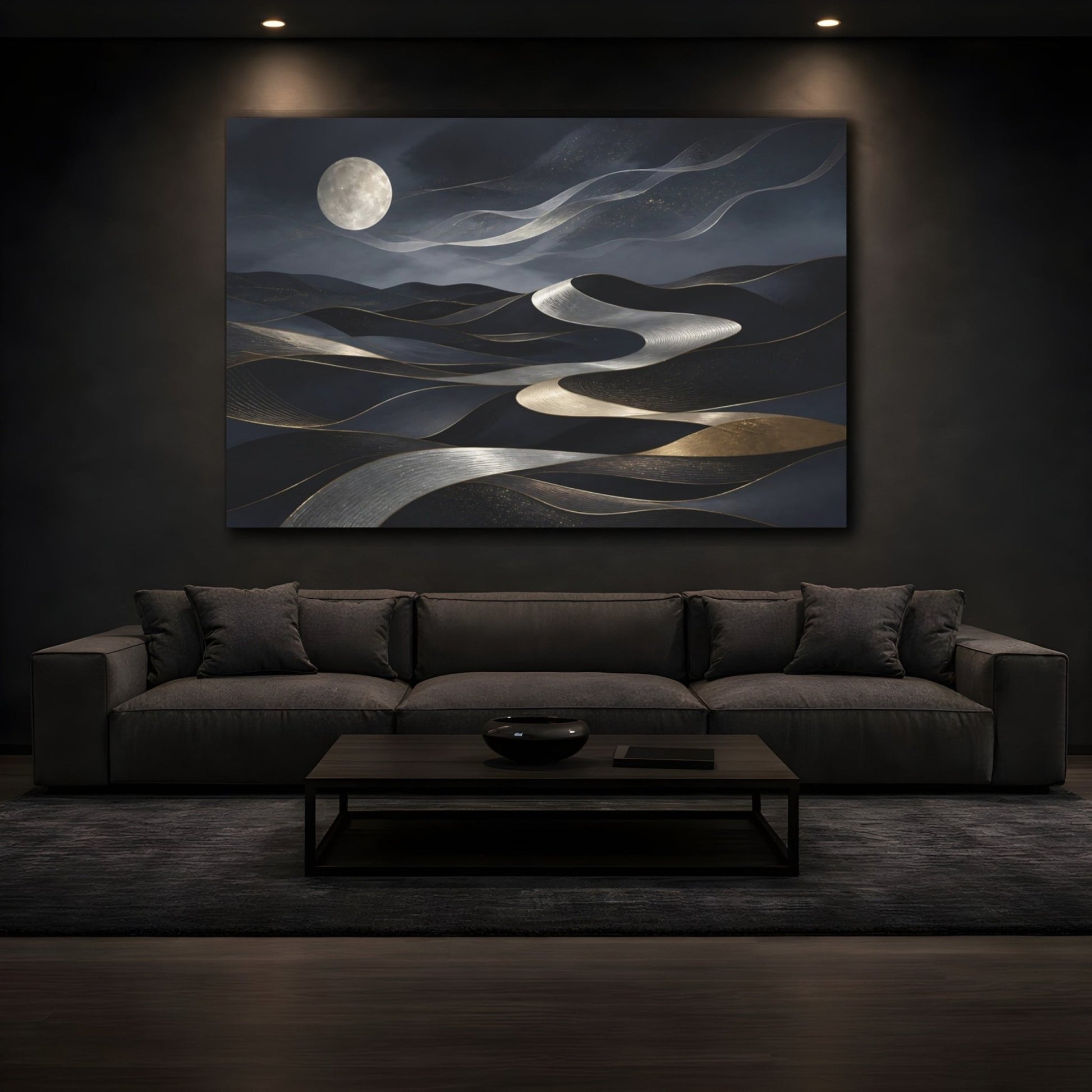 Abstract Moonlit Dunes Dark Blue Gold Canvas Print Wall Art – Living Room, Above Fireplace - YesArtYes