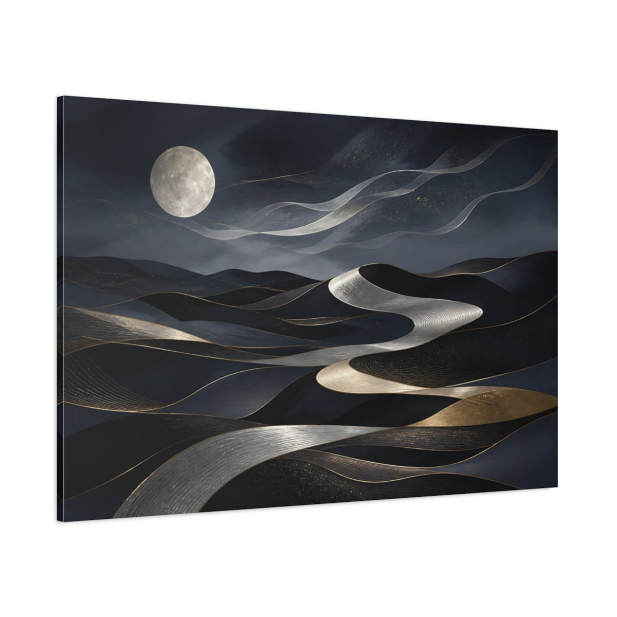 Side Mockup 1. Abstract Moonlit Dunes Dark Blue Gold shown as canvas print