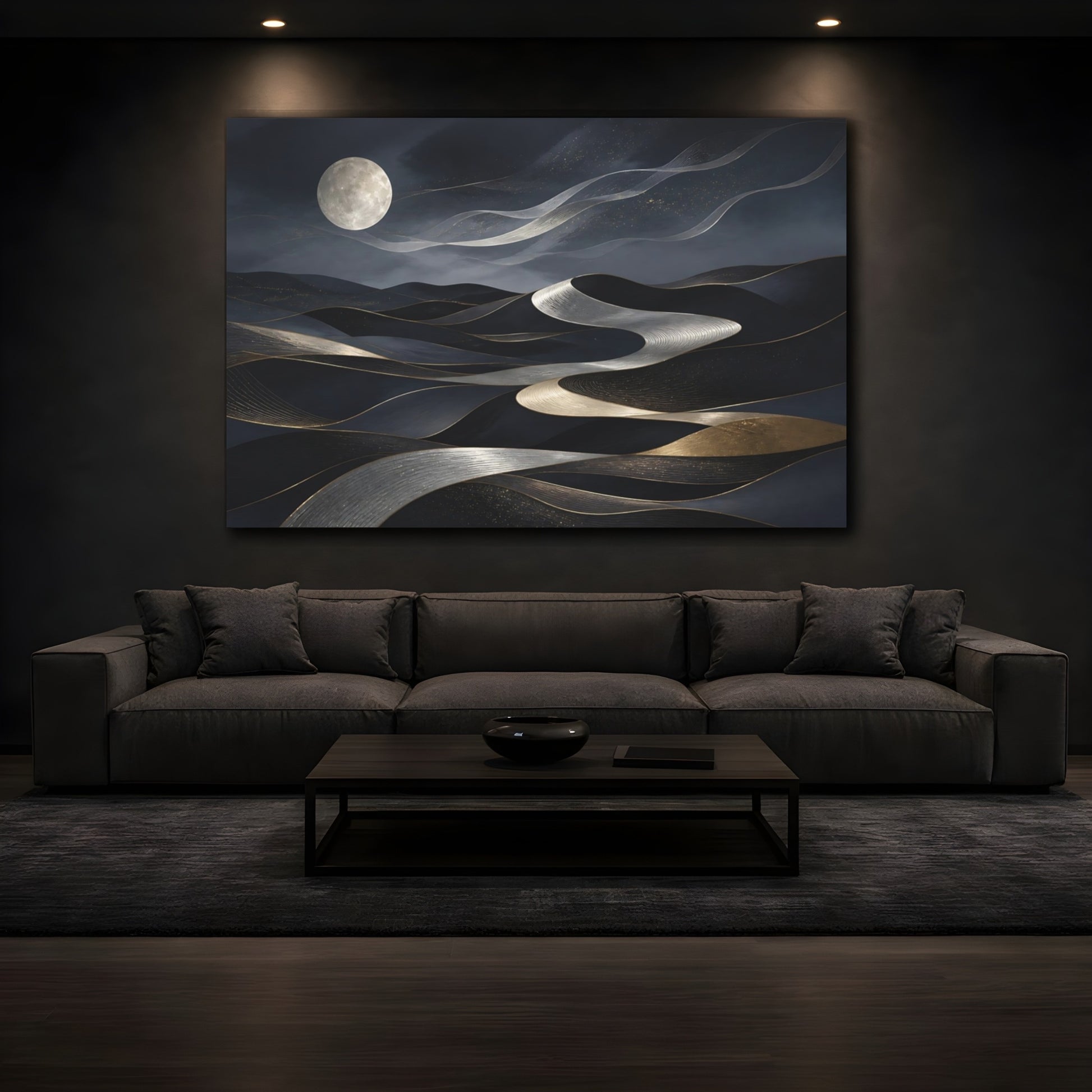 Mockup 3. Abstract Moonlit Dunes Dark Blue Gold shown as canvas print