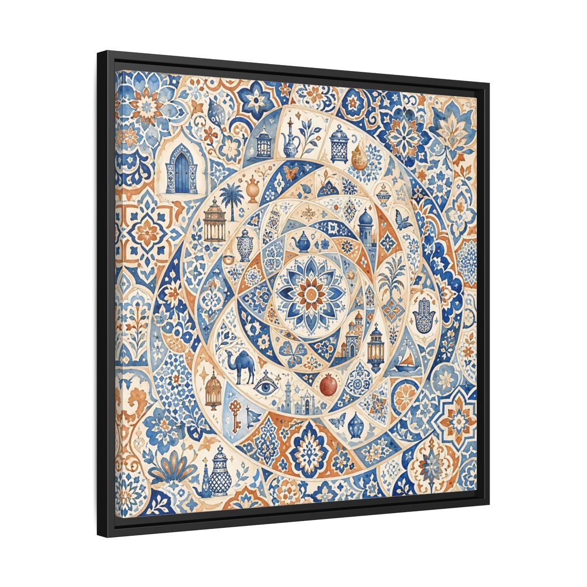 Abstract Moroccan Motifs Blue And Orange Framed Canvas Print Wall Art – Living Room Decor, Above Fireplace - YesArtYes